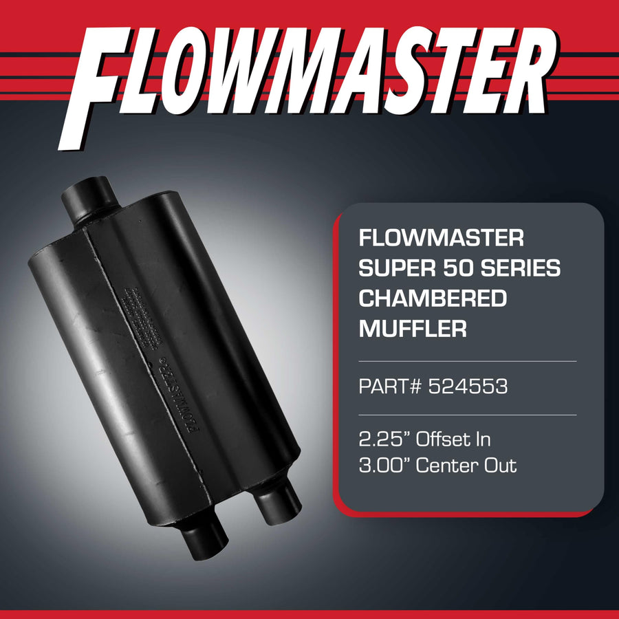 Flowmaster Super 50 Series Muffler Chambered – Dual In 2.25”/ 3.00” Center Out – Moderate Sound – 16-Gauge Aluminized Steel – Full-Size Trucks, SUVs, and Tow Vehicles (524553)