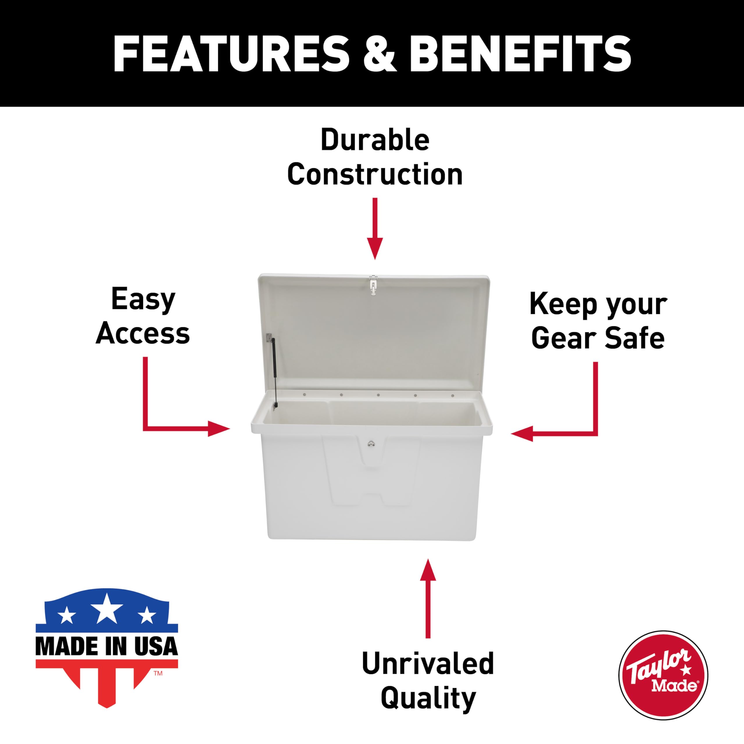 Stow 'N Go Small Fiberglass Deep Dock Box TAYLOR MADE PRODUCTS, White (27"H x 46"W x 26"D) – Fiberglass construction, UV gelcoat finish, stainless steel lockable latch and hardware – 2020108643