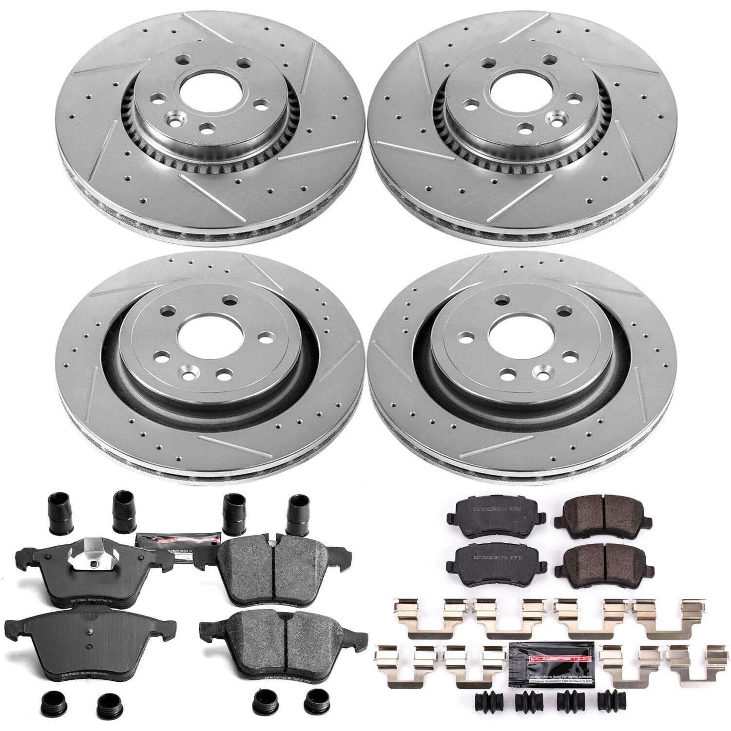 Power Stop K5614 Z23 Carbon Fiber Brake Pads Front and Rear with Drilled & Slotted Brake Rotors Kit For Volvo S60 2011-2014, Volvo S80 2007-2014 [Model Specific]