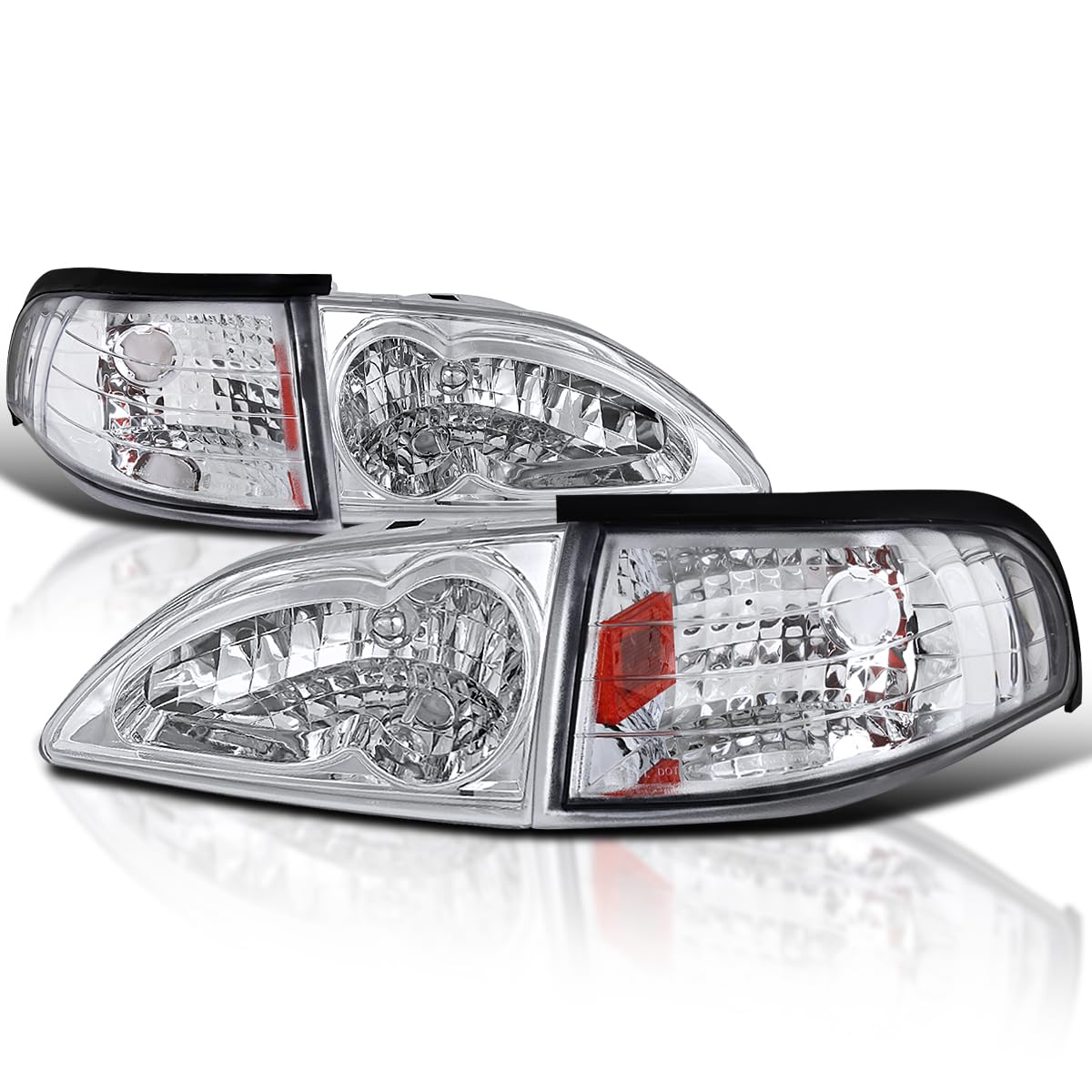 Euro Clear Diamond Headlights + Corner Lights Lamps SPEC-D TUNING Comopatible with 1994-1998 Ford Mustang Left + Right Pair