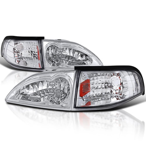Euro Clear Diamond Headlights + Corner Lights Lamps SPEC-D TUNING Comopatible with 1994-1998 Ford Mustang Left + Right Pair