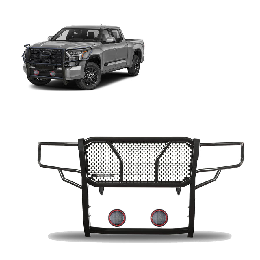 Heavy Duty Black Horse Rugged Grille Brush Bumper Guard Modular Come with Pair of 5.3" Dia.LED Lights with Red Trim Rings Compatible with 2022-2024 Toyota Tundra-RU-TOTU22-B-PLFR