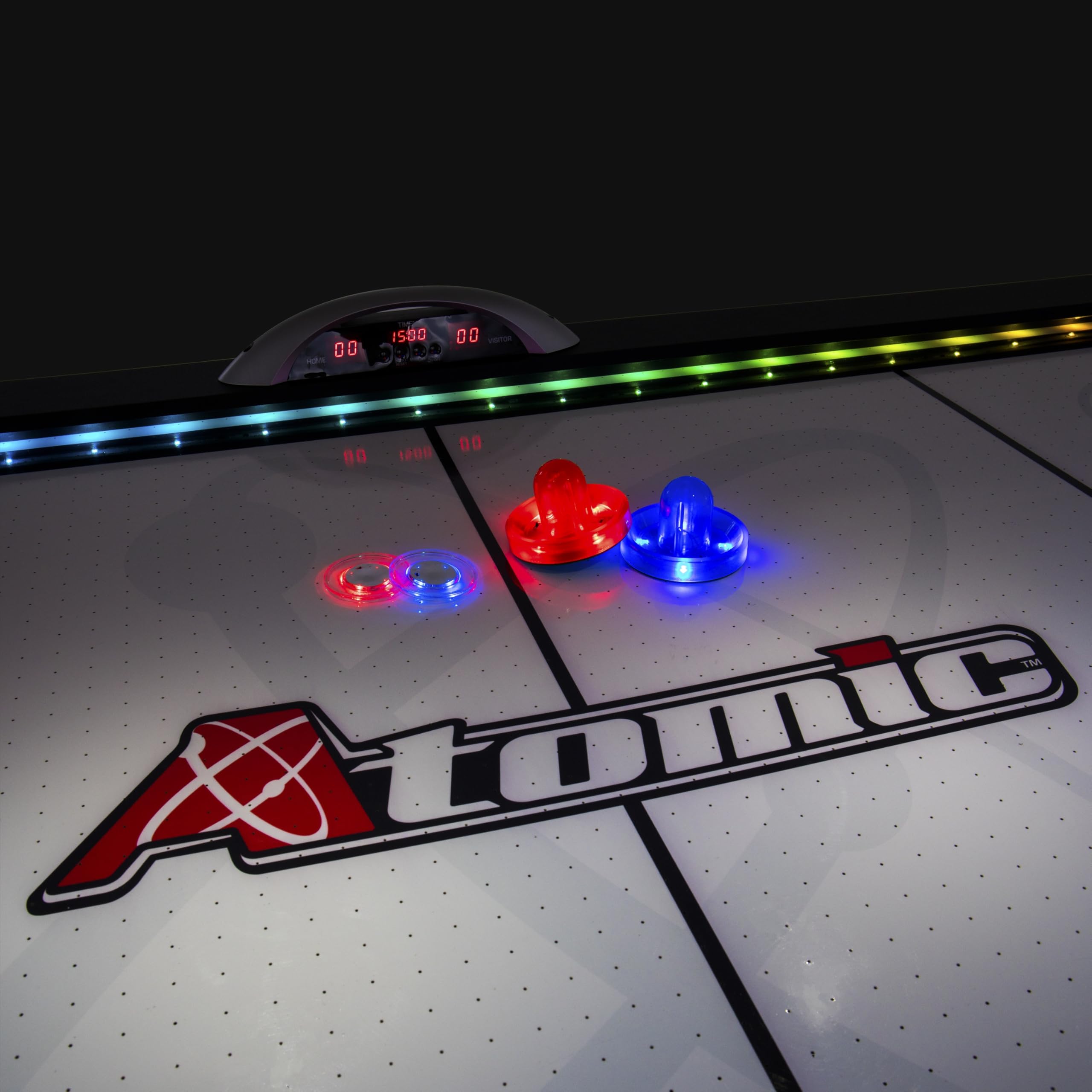 Top Shelf Atomic 7.5’ Air Hockey Table with 120V Motor for Maximum Air Flow, High-Speed PVC Playing Surface for Arcade-Style Play and Multicolor LED Lumen-X Technology to Illuminate Play