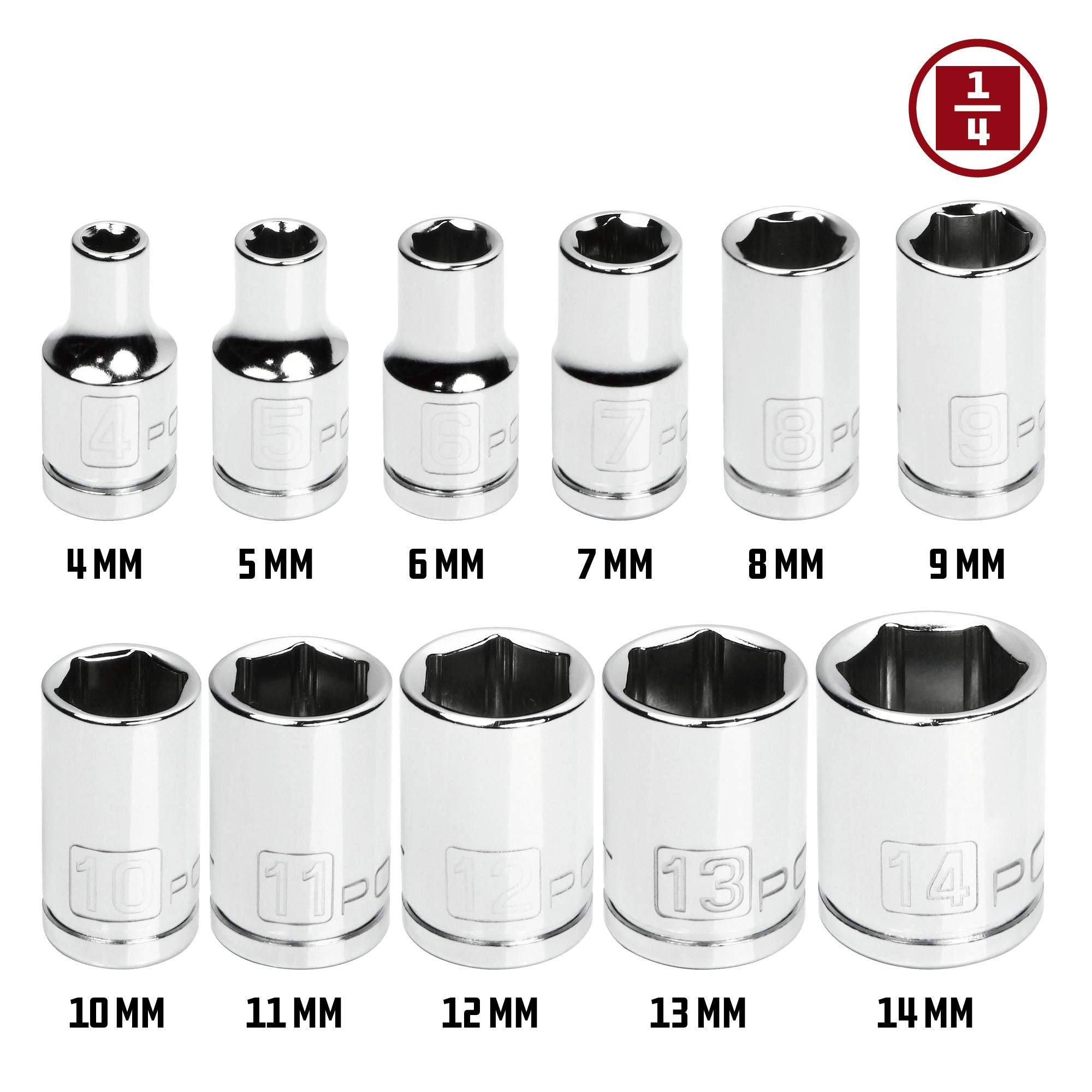11 Piece Powerbuilt Metric Shallow Socket Set, 1/4-Inch Drive, 6 Point, Dual Grease Rings, Size Markings - 640498, Silver