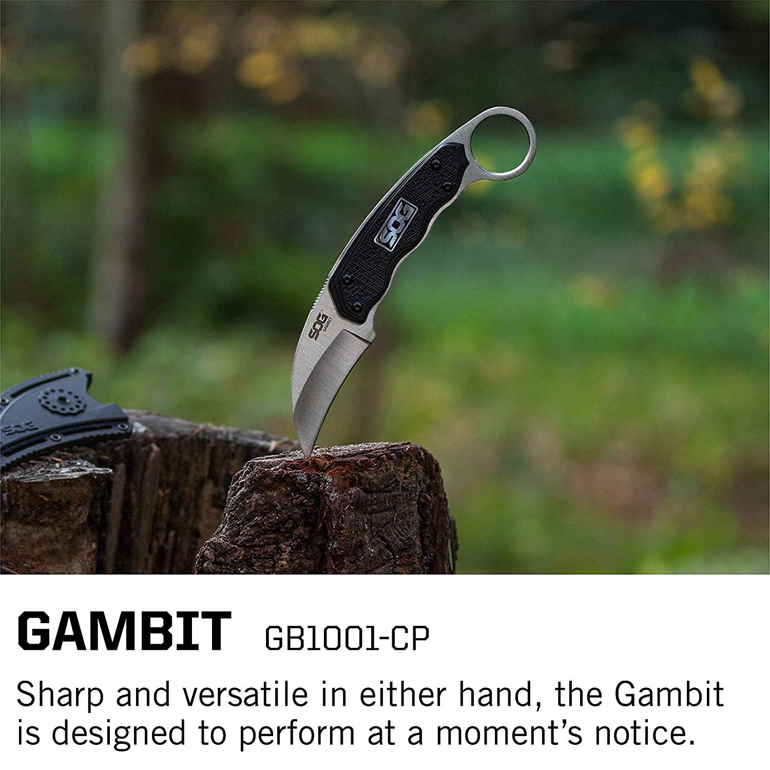 SOG Karambit Survival Knife - Gambit Curved Security Belt Knife, Full Tang Fixed 2.6 Inch Blade w/Hard Nylon Sheath and Adjustable Clip (GB1001-CP), Black