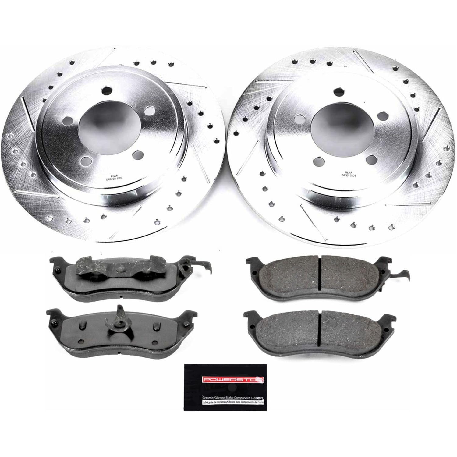 Rear Brake Kit Power Stop For 2002 2003 2004 2005 Ford Explorer - Truck & Tow Carbon Fiber Ceramic Brake Pads & Drilled and Slotted Rotors Replacement, K3150-36