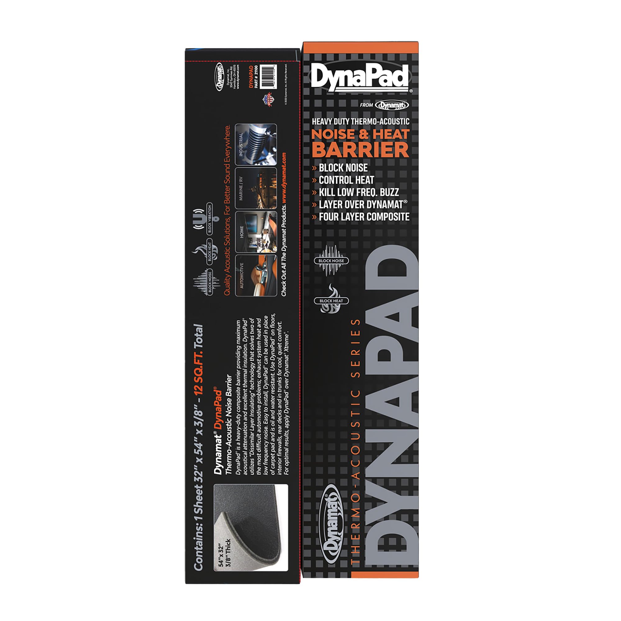 DynaPad DYNAMAT 32" x 54" x 0.452" Thick Non-Adhesive Sound Deadener, Black – Made in USA