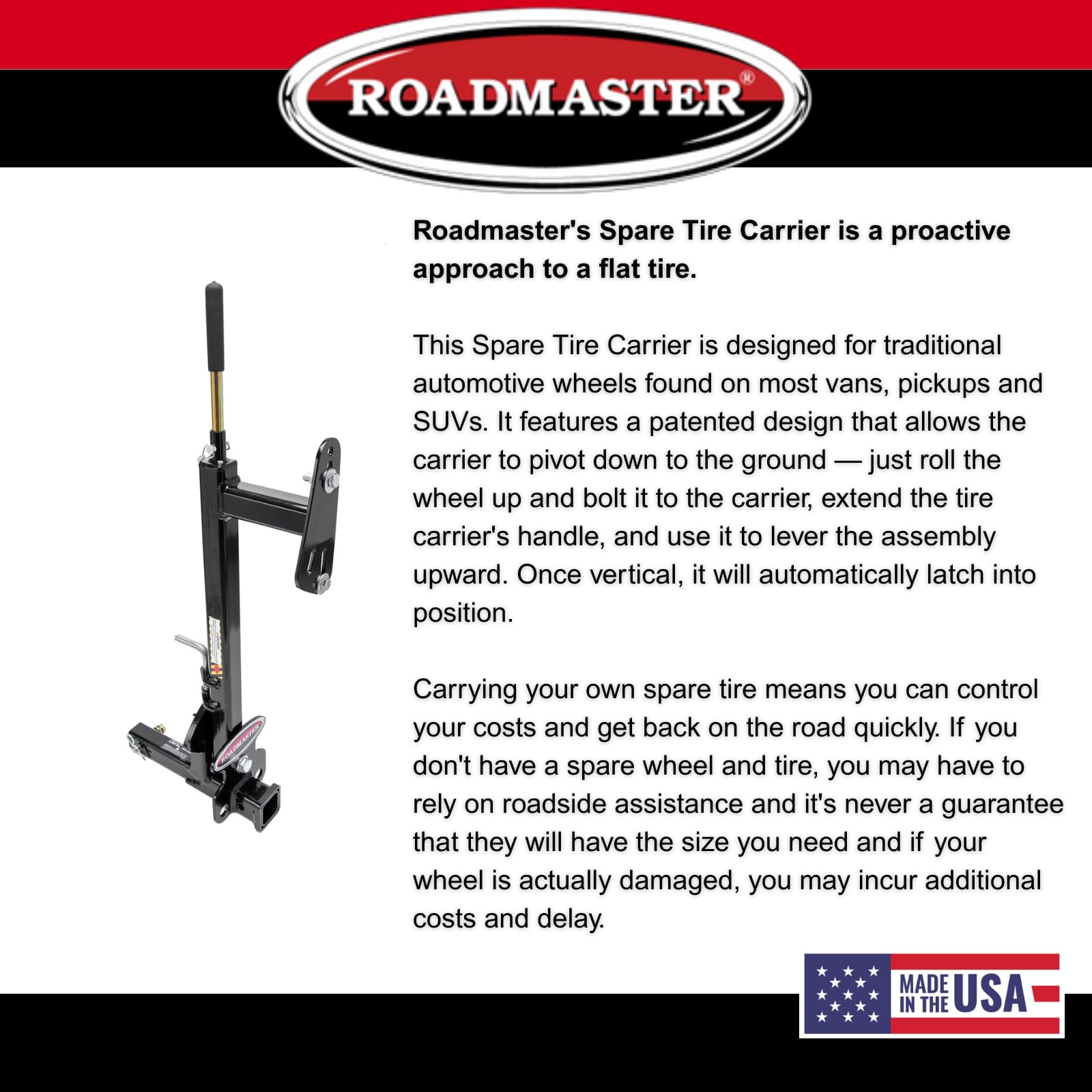 Roadmaster Spare Tire Carrier 195125 with 2" Drop fits Truck/Van/SUV 2" Receiver | Fits Wheels with a Lug Nut Bolt Circle Up to 8" | 6,000 lbs Maximum Capacity