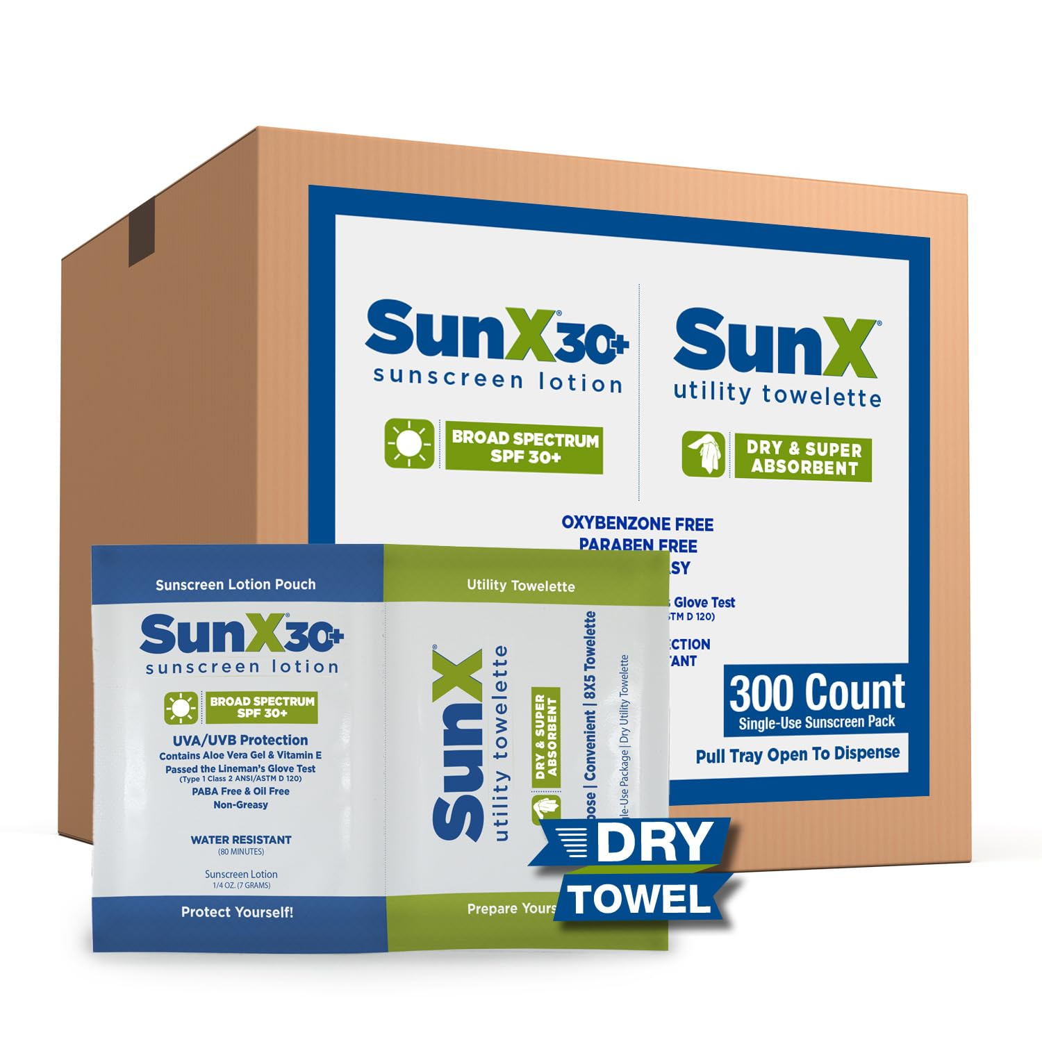 Sun X CoreTex 30+ Broad Spectrum Sunscreen Packets & Dry Towels Duo Kit - Pack of 300 Paraben, Oxybenzone, Octinoxate, & Oil Free Sunscreen - No White Cast and Water Resistant Up to 80 Minutes