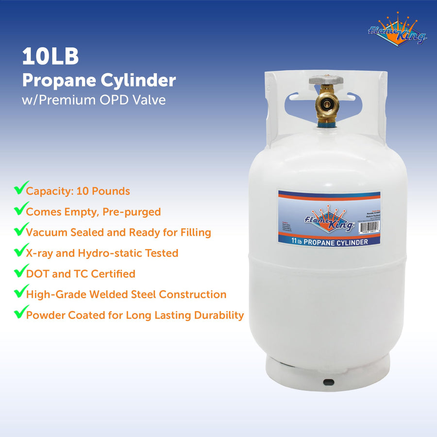 10LB Flame King Steel Propane Tank Cylinder with Type 1 Overflow Protection Device Valve, Great for Camping, Fire Pits, Heaters, Grills, Overlanding, White