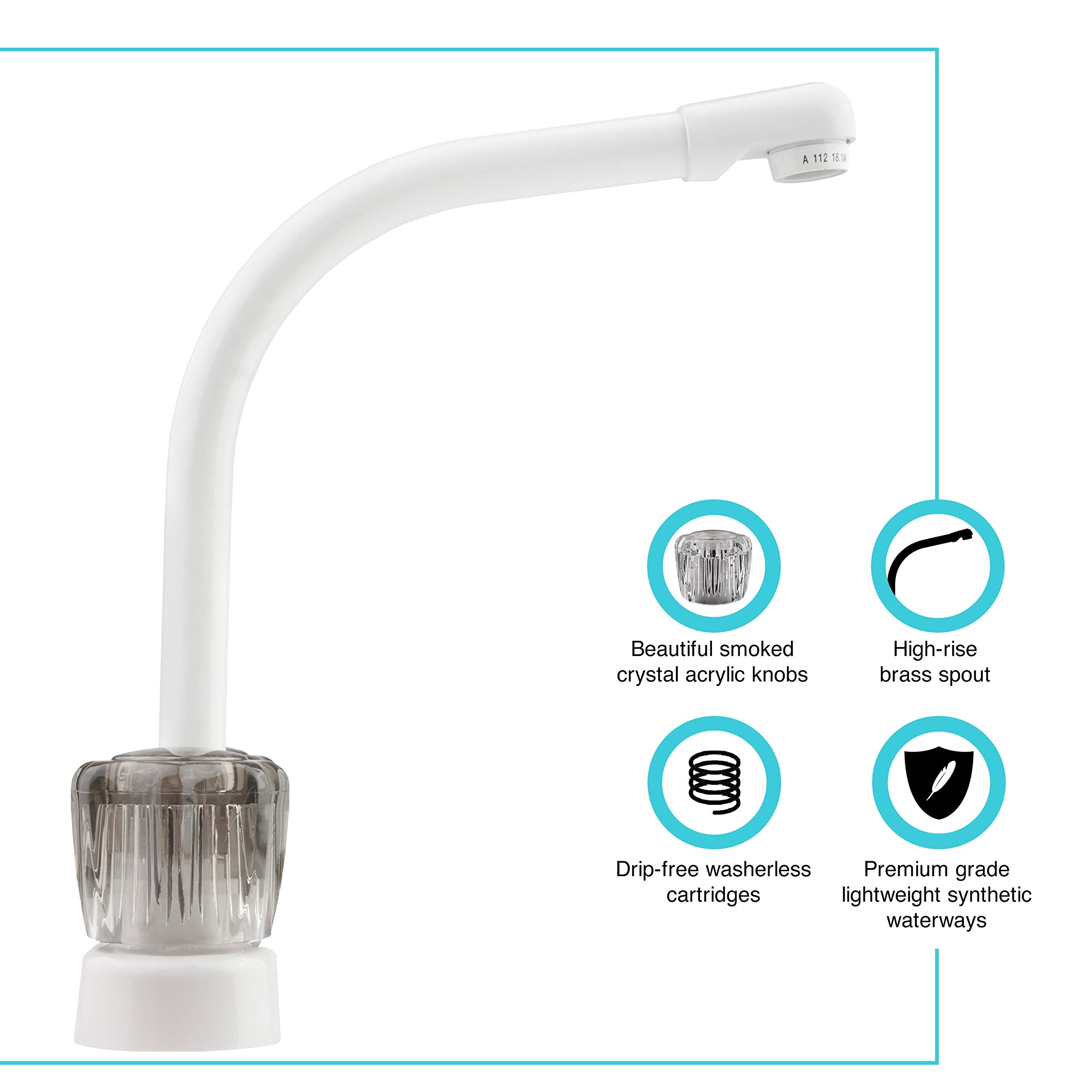 Dura Faucet Hi-Rise DF-PK210S-WT Kitchen Sink Faucet with Smoked Acrylic Knobs (White)