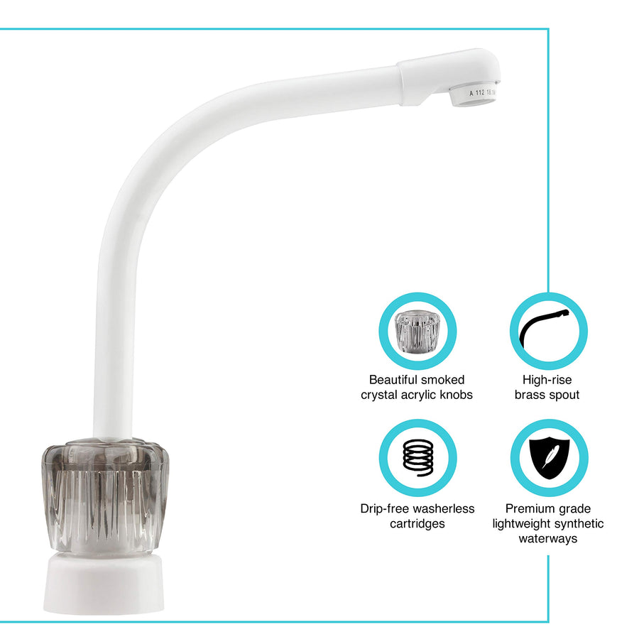 Dura Faucet Hi-Rise DF-PK210S-WT Kitchen Sink Faucet with Smoked Acrylic Knobs (White)