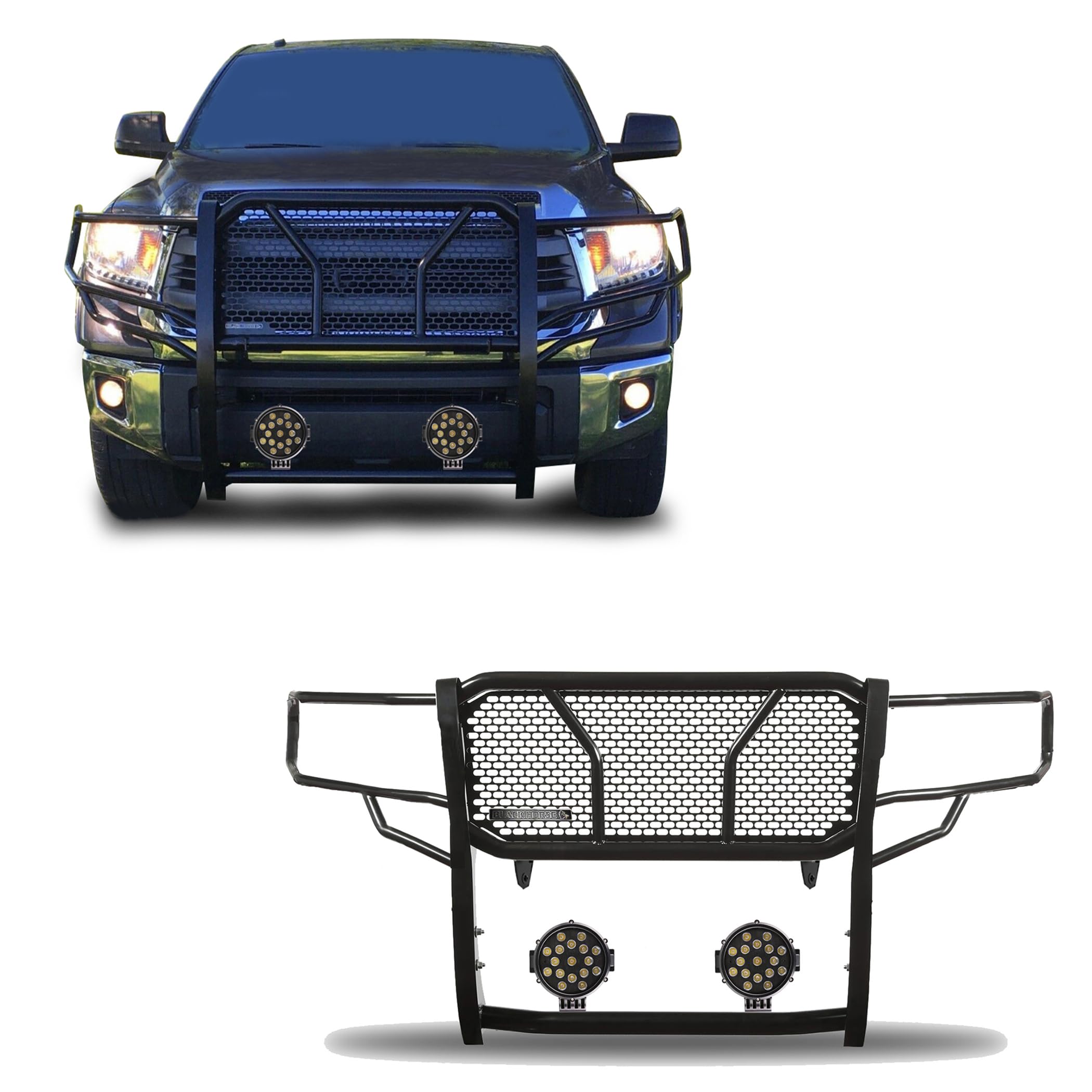 Heavy Duty Black Horse Rugged Grille Brush Bumper Guard Modular Black Come with Pair of 7.0" Dia.LED Lights with Black Trim Rings Compatible with 2007-2020 Tundra|2008-2022 Sequoia-RU-TOTU07-B-PLB