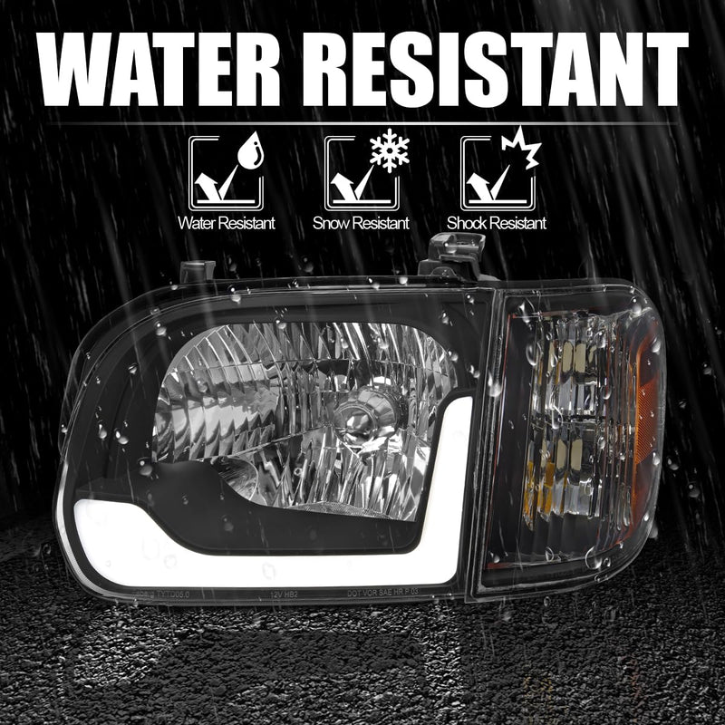 Black LED Tube Headlights + Corner Lights SPEC-D TUNING Compatible with 2005-2006 Toyota Tundra, Left + Right Pair Headlamps Assembly