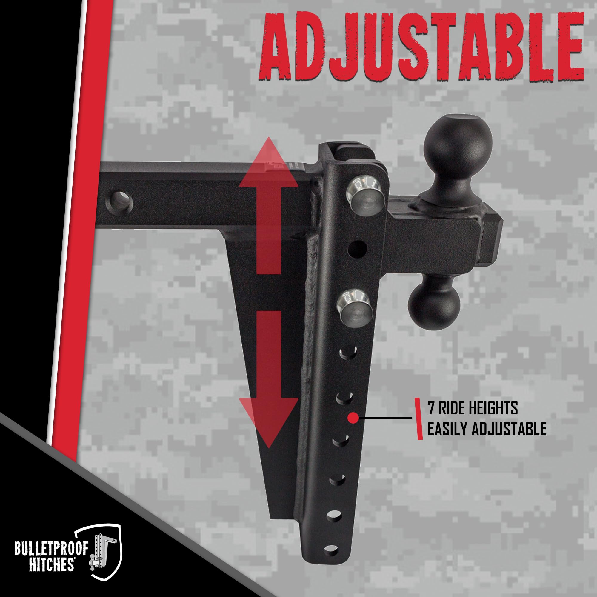 2.0" BulletProof Hitches Adjustable Heavy Duty Trailer Hitch (22,000 lb. Rating) - 12" Drop/Rise Trailer Hitch with 2" & 2-5/16" Dual Ball - Powder Coat, Solid Steel, Corrosion-Resistant