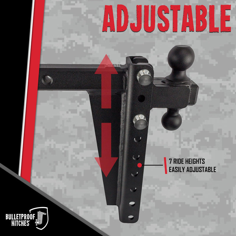 2.0" BulletProof Hitches Adjustable Heavy Duty Trailer Hitch (22,000 lb. Rating) - 12" Drop/Rise Trailer Hitch with 2" & 2-5/16" Dual Ball - Powder Coat, Solid Steel, Corrosion-Resistant