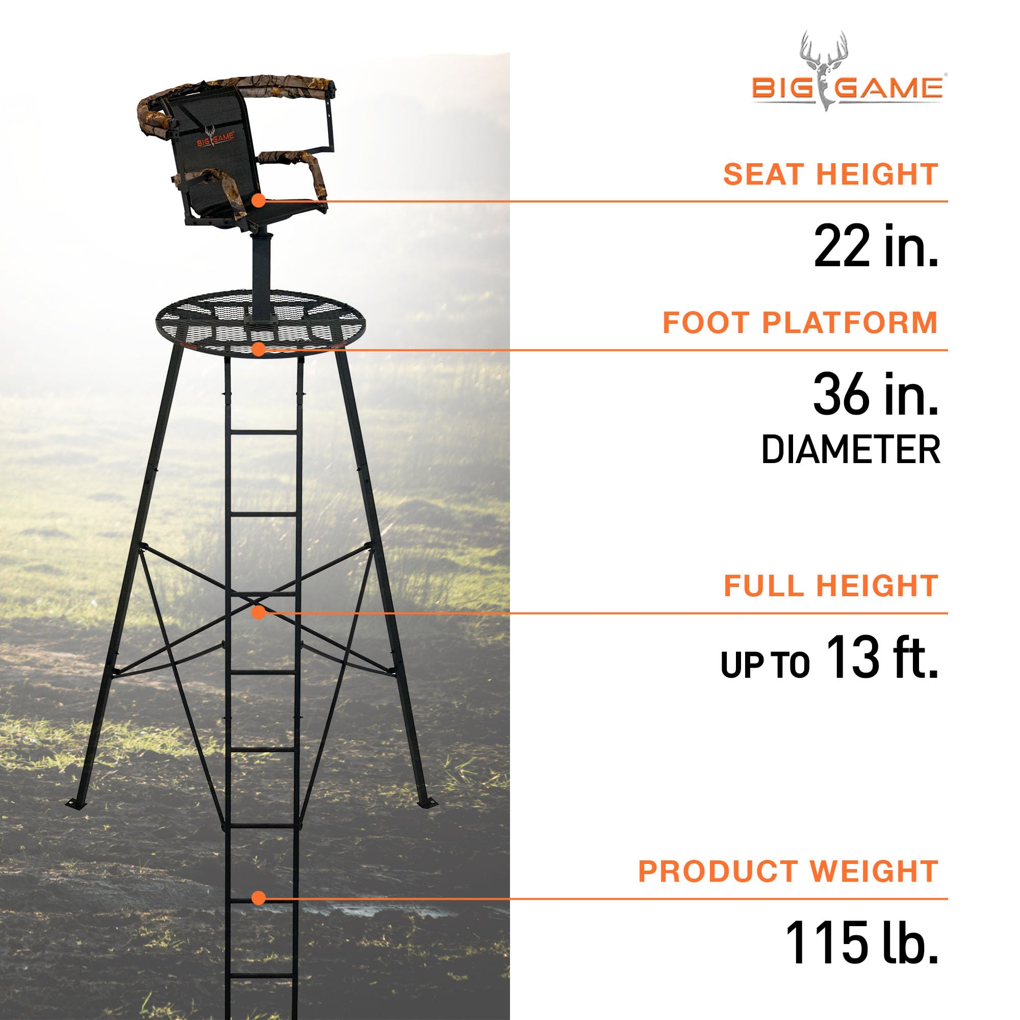 Apex Tripod Stand Big Game, 1 Person Deer Hunting Climbing Ladder Stand with Rotating Seat and Shooting Rail, 12.5'