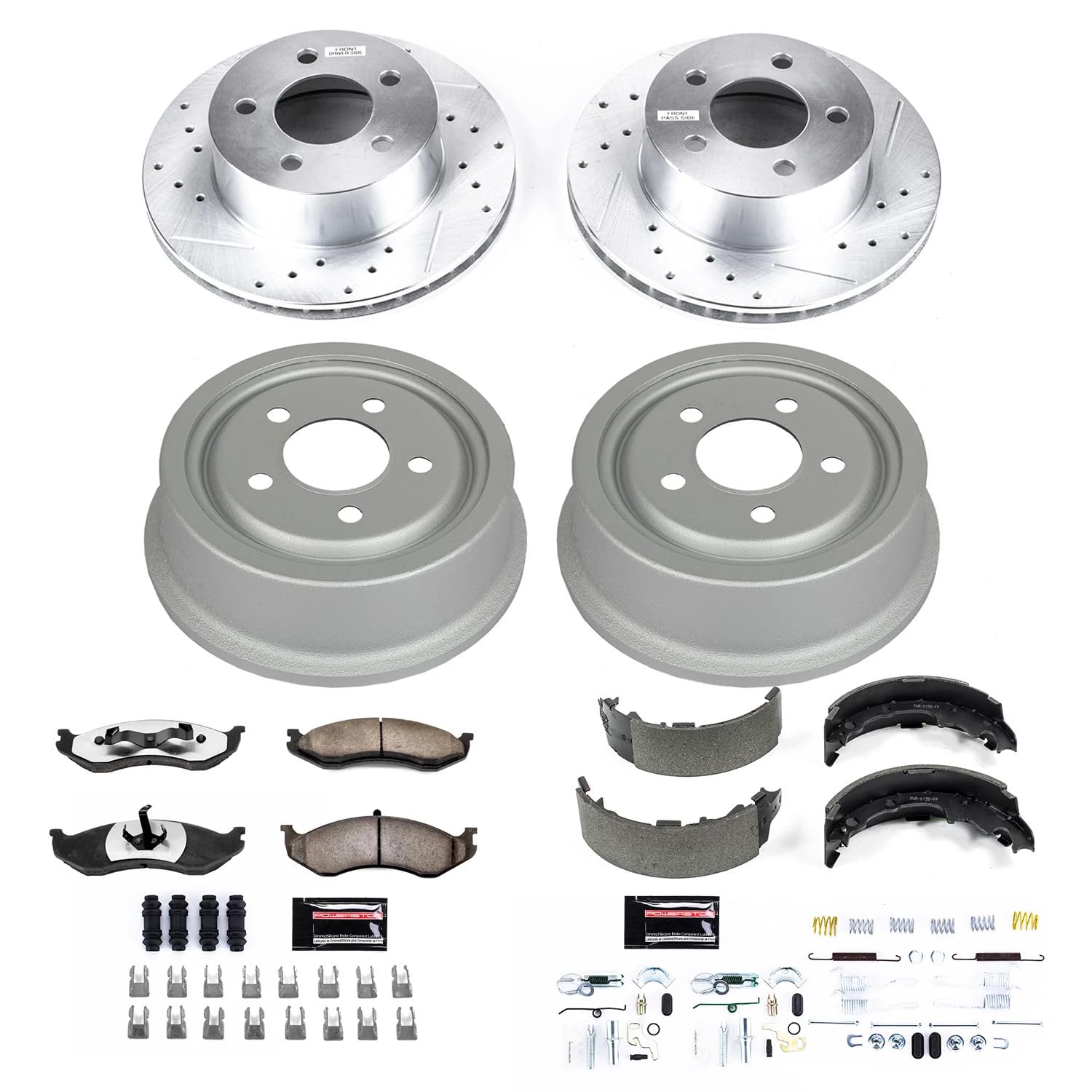 Power Stop Brake Kit Front & Rear For 1992 1993 1994 1995 1996 1997 1998 1999 Jeep Cherokee - Truck & Tow Carbon Fiber Ceramic Pads, Drums, & Drilled and Slotted Rotors Replacement, K15073DK-36