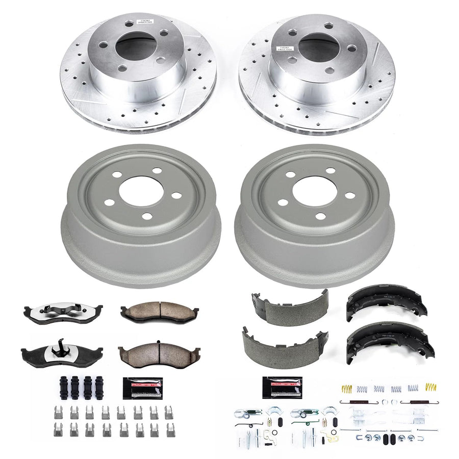 Power Stop Brake Kit Front & Rear For 1992 1993 1994 1995 1996 1997 1998 1999 Jeep Cherokee - Truck & Tow Carbon Fiber Ceramic Pads, Drums, & Drilled and Slotted Rotors Replacement, K15073DK-36