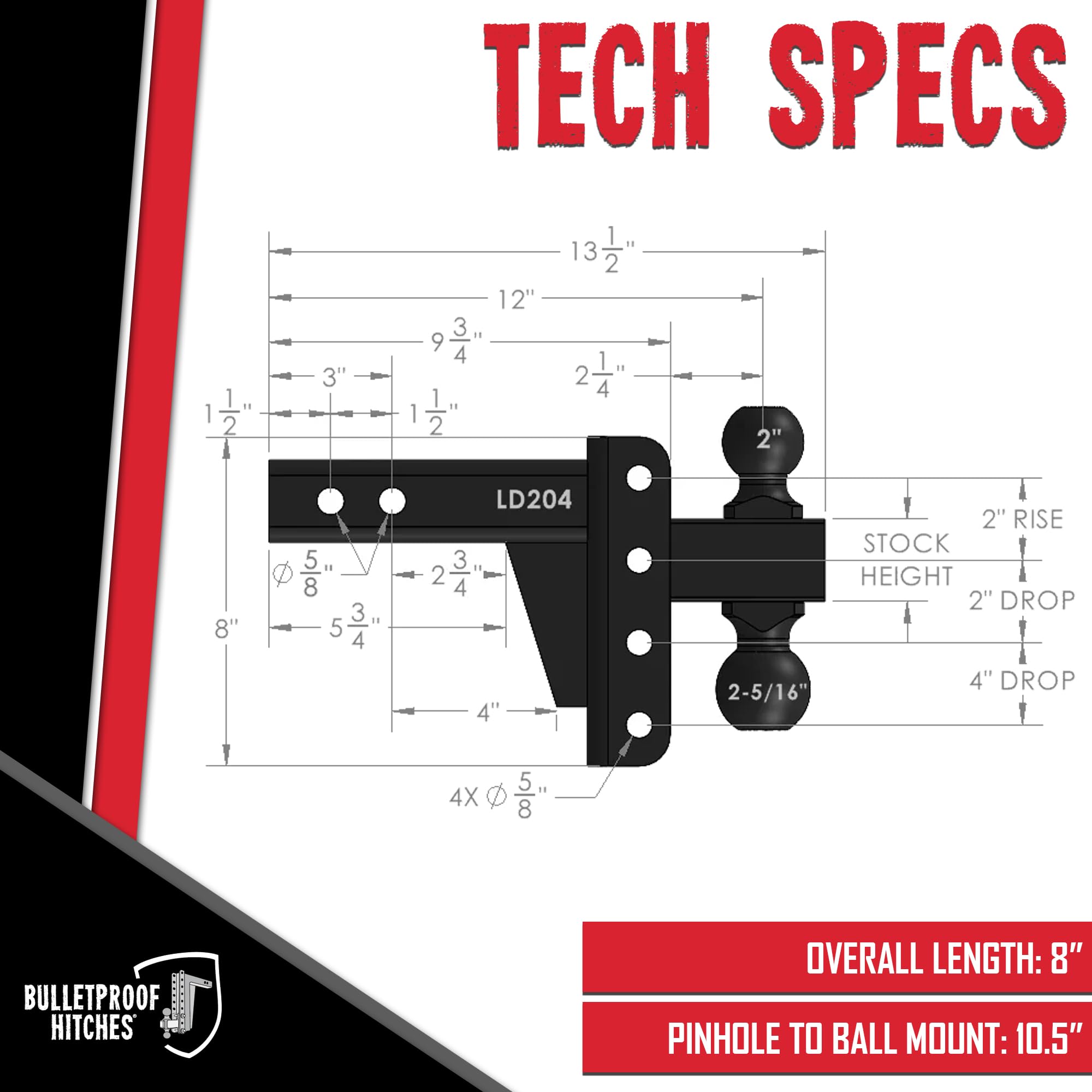 2.0" BulletProof Hitches Adjustable Light Duty Trailer Hitch (10,000 lb. Rating) - 4" Drop/Rise Trailer Hitch with 2" & 2-5/16" Dual Ball - Powder Coat, Box Steel, Corrosion-Resistant