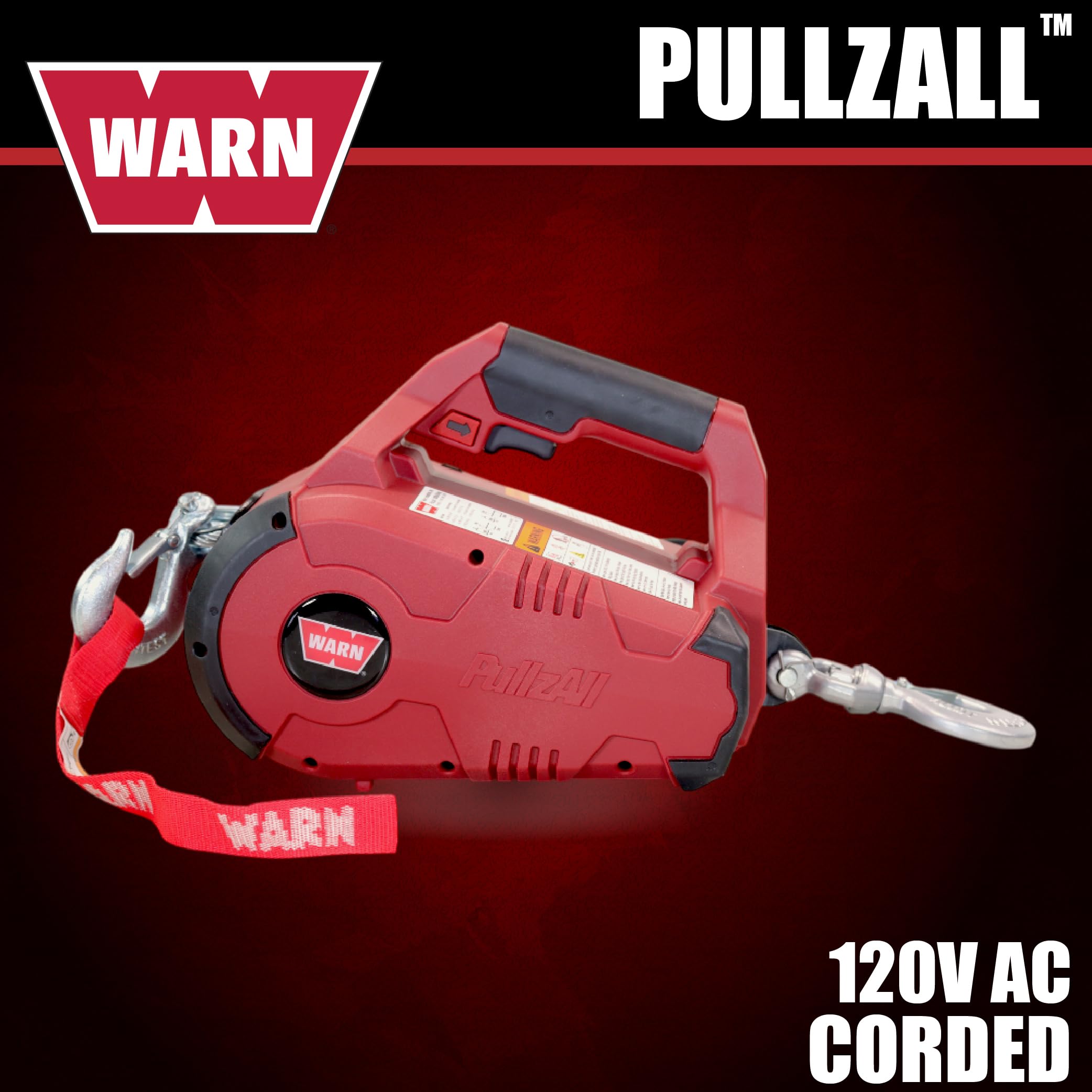 PullzAll WARN 885001 Corded 120V AC Portable Electric Winch with Steel Cable and Swiveling Anchor Hook for Hoisting an Engine Block: 1,000 lb (1/2 Ton) Pulling Capacity, Variable Speed Control.