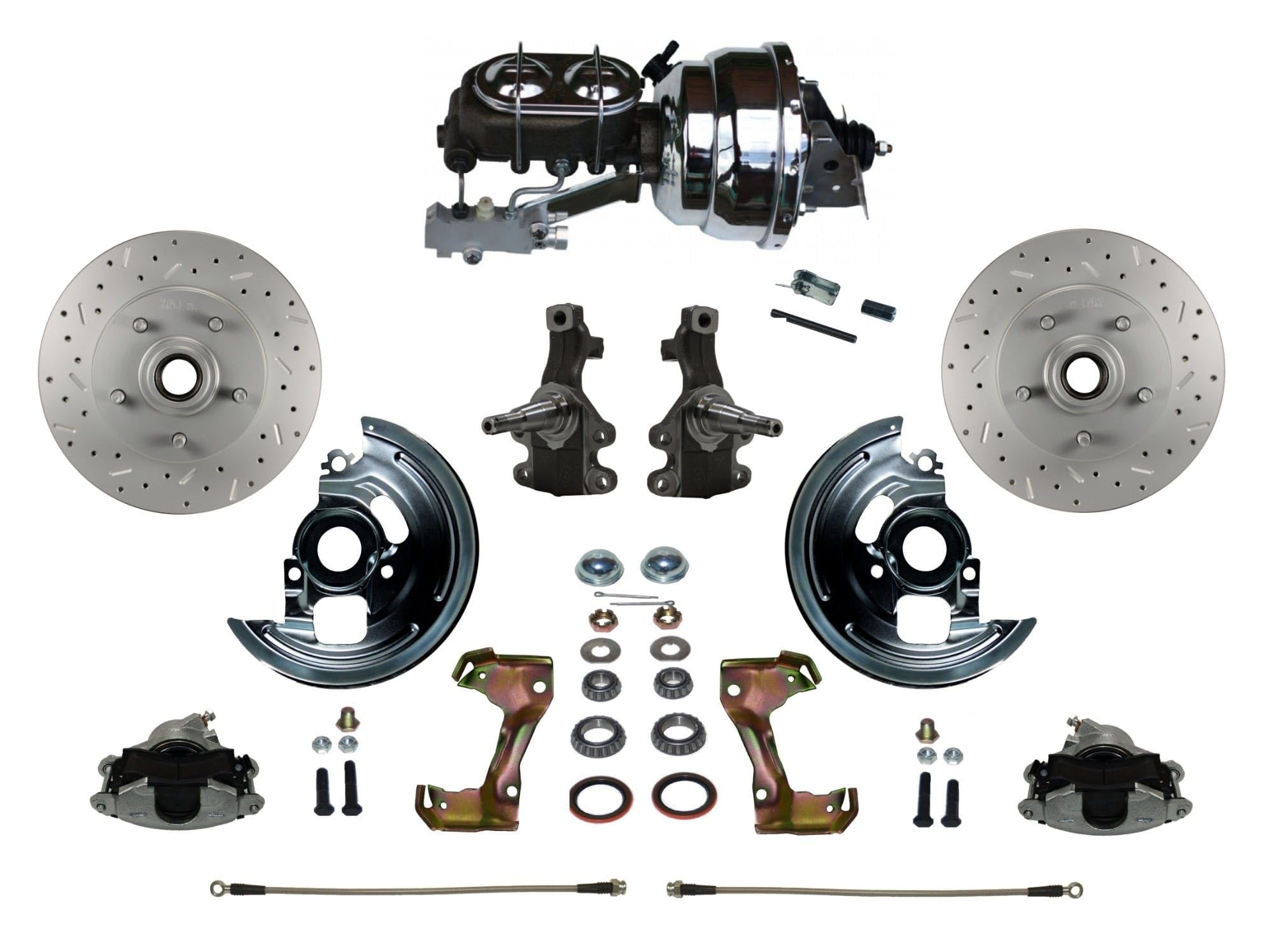 Power Brakes Leed Front Disc Brake Conversion Kit 2" Drop Spindles Cross Drilled And Slotted Rotors With 8" Dual Chrome Booster Cast Iron Chrome Top M/C Disc/Drum Side Mount