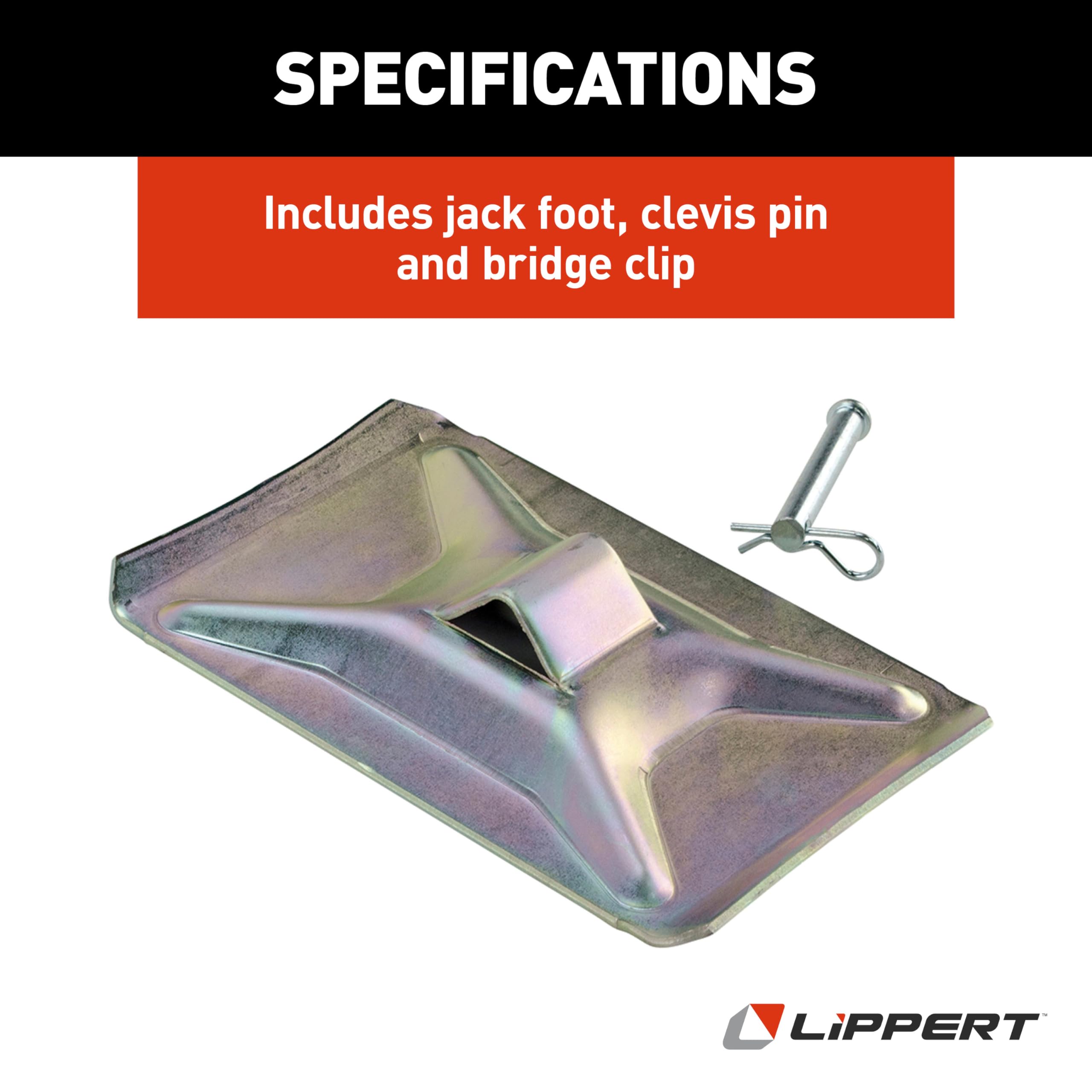 5th Wheel Lippert Standard RV Landing Gear Foot Pad Kit with Clevis, Bridge Pin & Hairpin Cotter Clip for Attaching to Jack Leg, 5" Wide x 8" Long, Steel Construction, 1/5" Slot - 700052