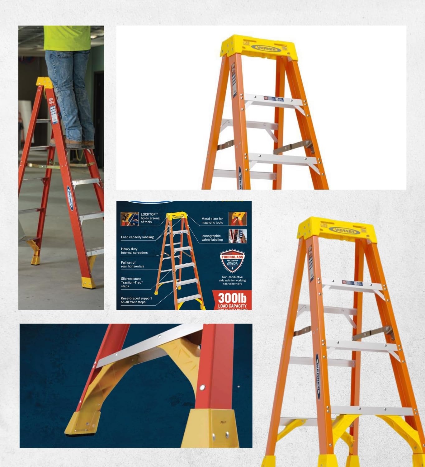 6204 Werner stepladders, 4' Length, 19.92" Base Width, 7" Height, Orange, 4 Ft