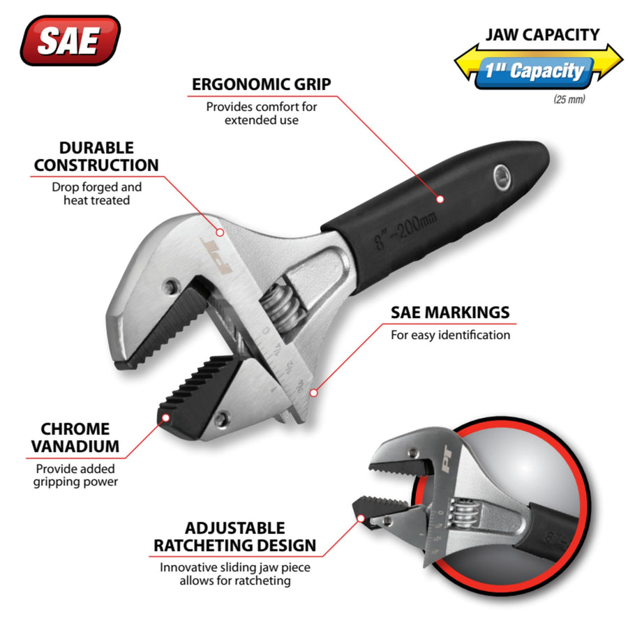 8 In. Performance Tool W30625 Ratcheting Adjustable Wrench - Sliding Jaw, Adjustable, Chrome Vanadium Directional Teeth, Black