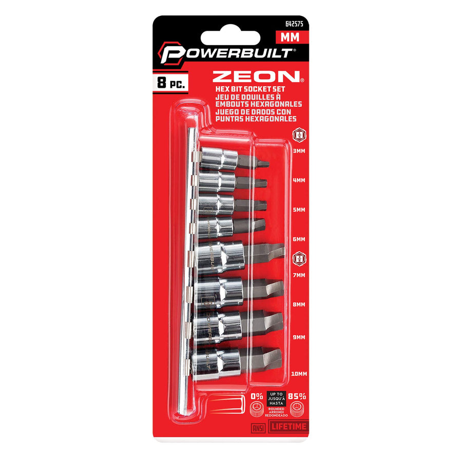 Powerbuilt 8 Piece Metric Hex Bit Socket Set Zeon - with use for Damaged Fasteners, Standard, Rusted, Rounded Bolts, Size from 3mm to 10mm - 642575