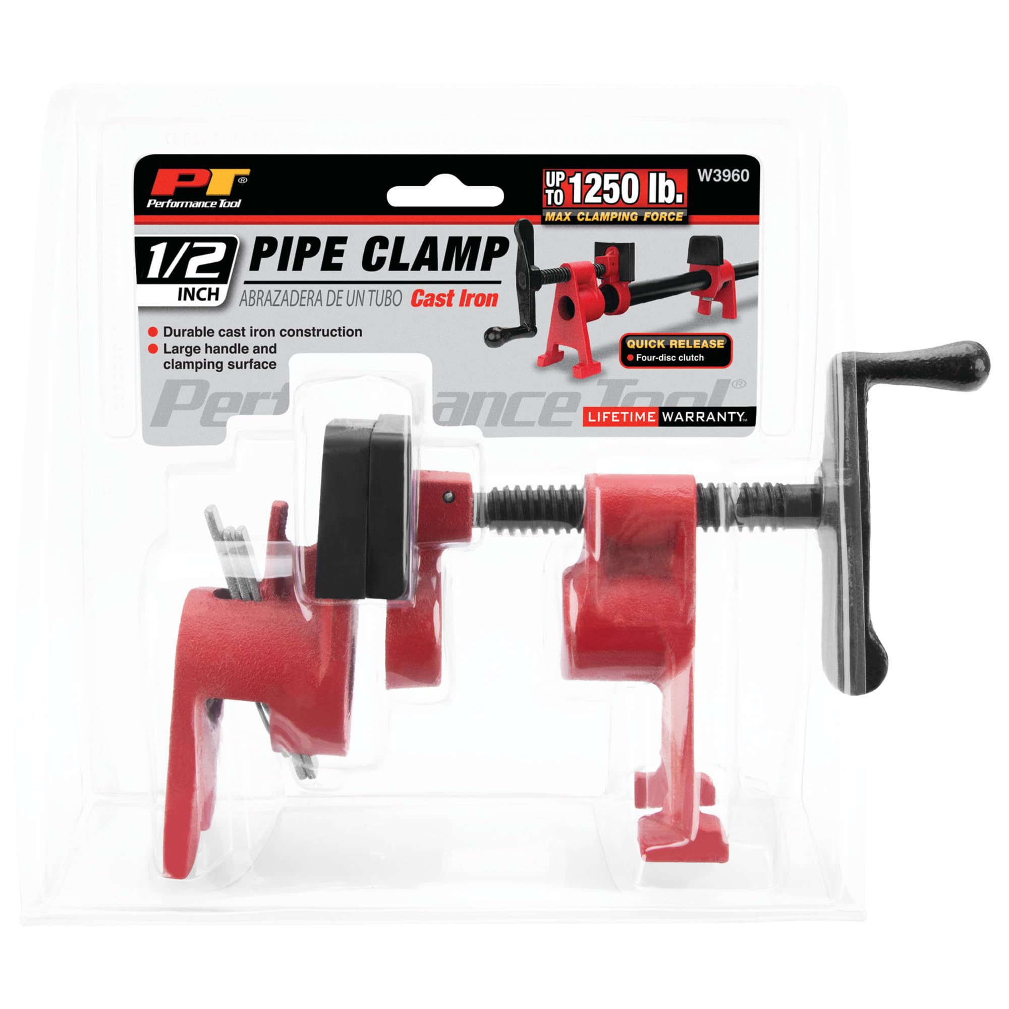 W3960 Performance Tool Cast Steel Pipe Clamp with Quick Release, 1250 lbs Clamping Pressure, 75-Inch Throat Depth, Fits 1/2-Inch NPT Pipe (not included)