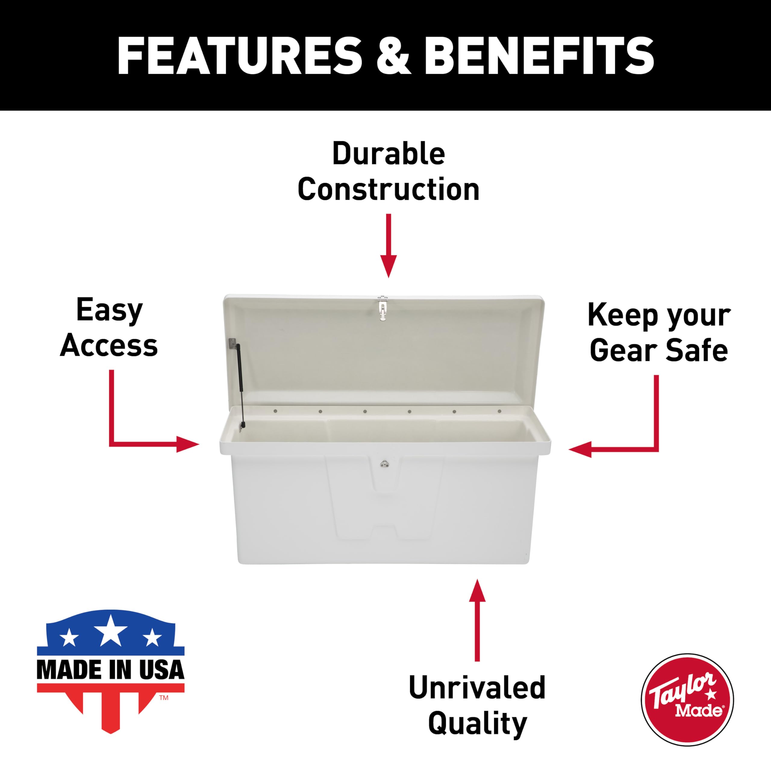 Stow 'N Go Taylor Made Small Fiberglass Dock Box, White (24"H x 54"W x 22"D) – Fiberglass construction, UV gelcoat finish, stainless steel lockable latch and hardware – 2020108652