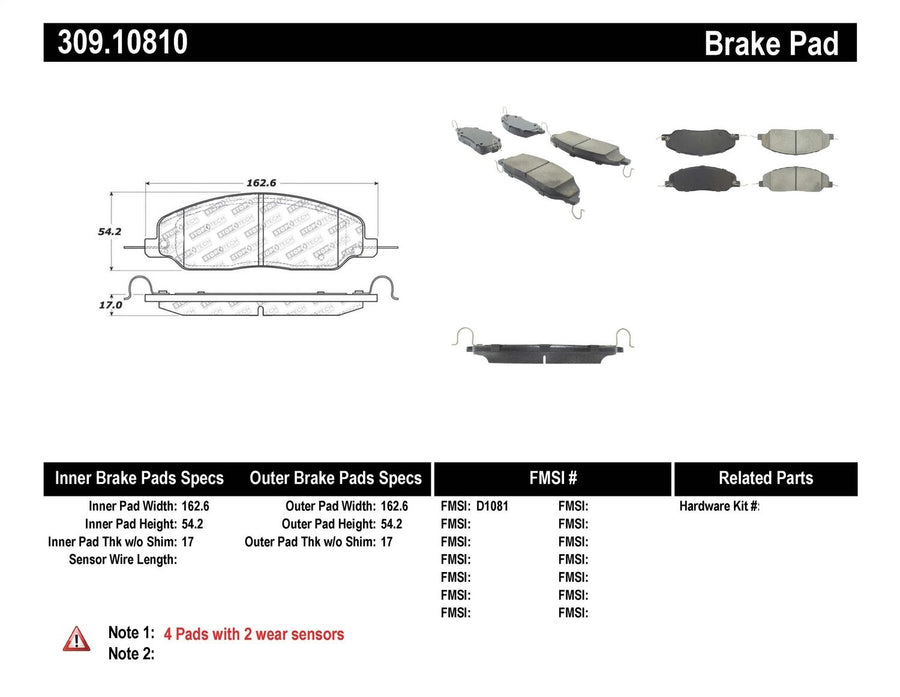 Sport Brake Pads StopTech 309.10810 with Shims and Hardware