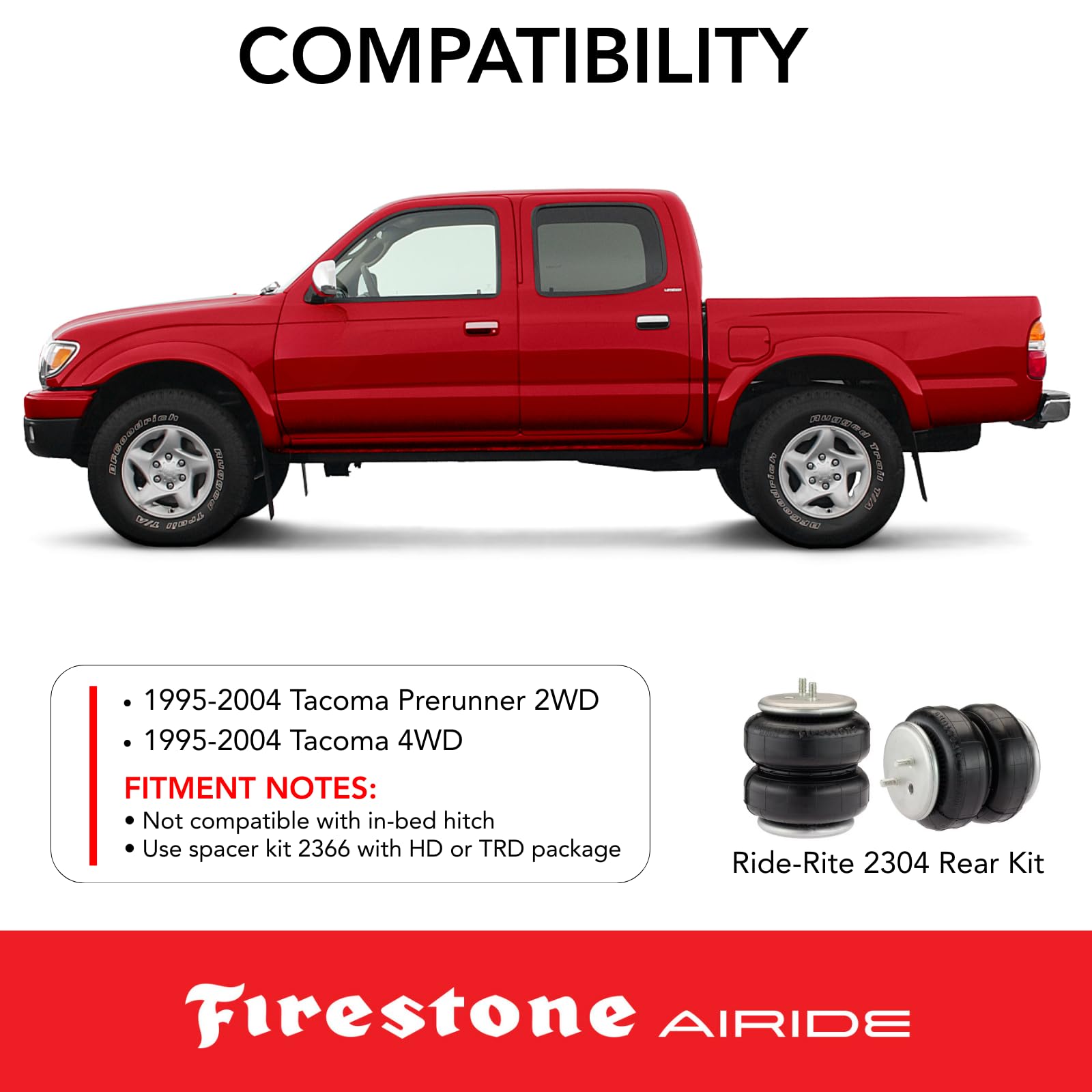 Firestone 2304 Airide Ride-Rite Rear Springs Kit fits 1995-2004 Tacoma 4WD and Prerunner 2WD | 5-100 PSI | Load Capacity of 5,000 Pounds | Levels Headlight Beams