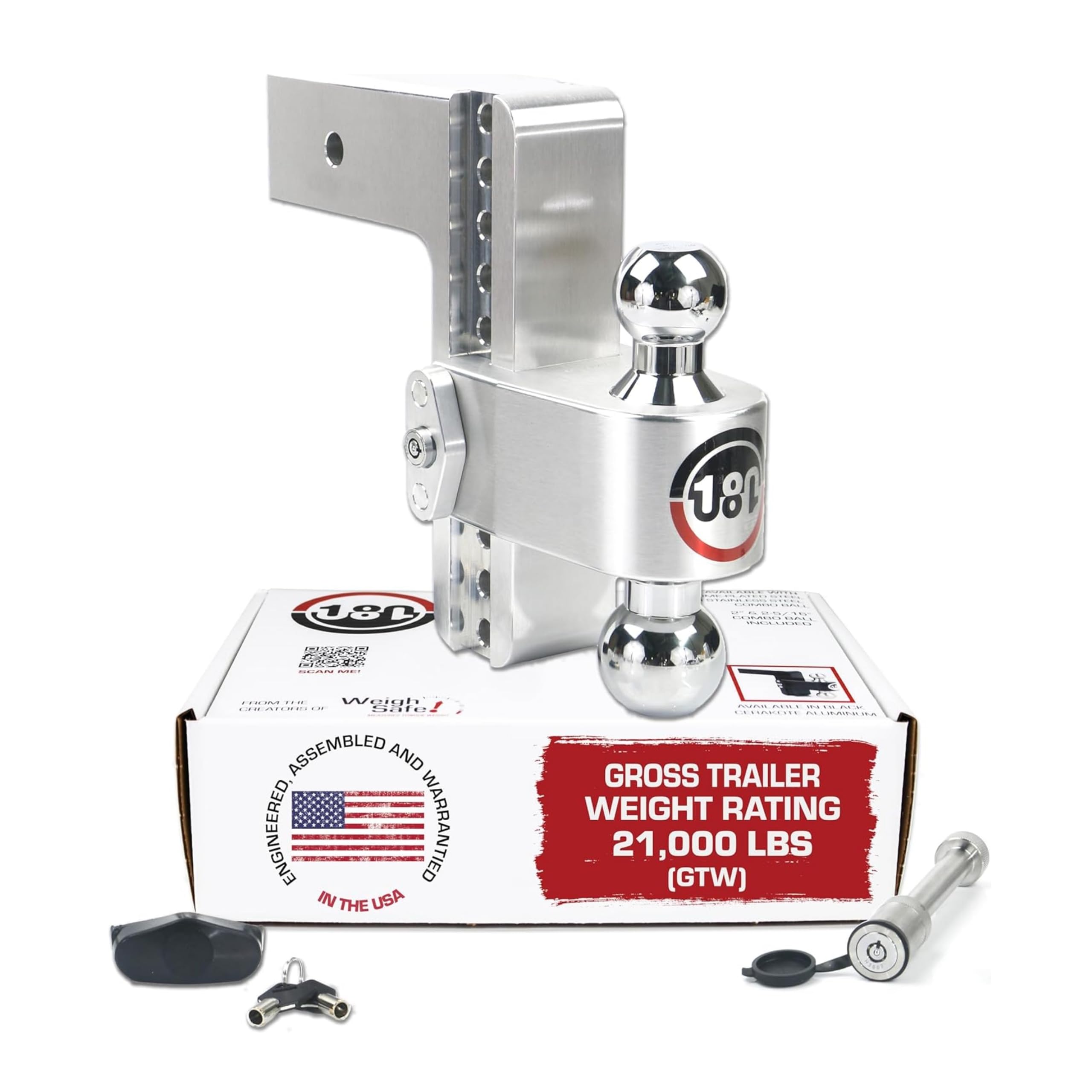 Weigh Safe Adjustable Trailer Hitch - 180-Degree Trailer Hitch for Towing - Compatible with 3" Receivers - 8" Drop, Chrome-Plated Tow Balls, 21,000 GTW, 2-Piece Lock Set