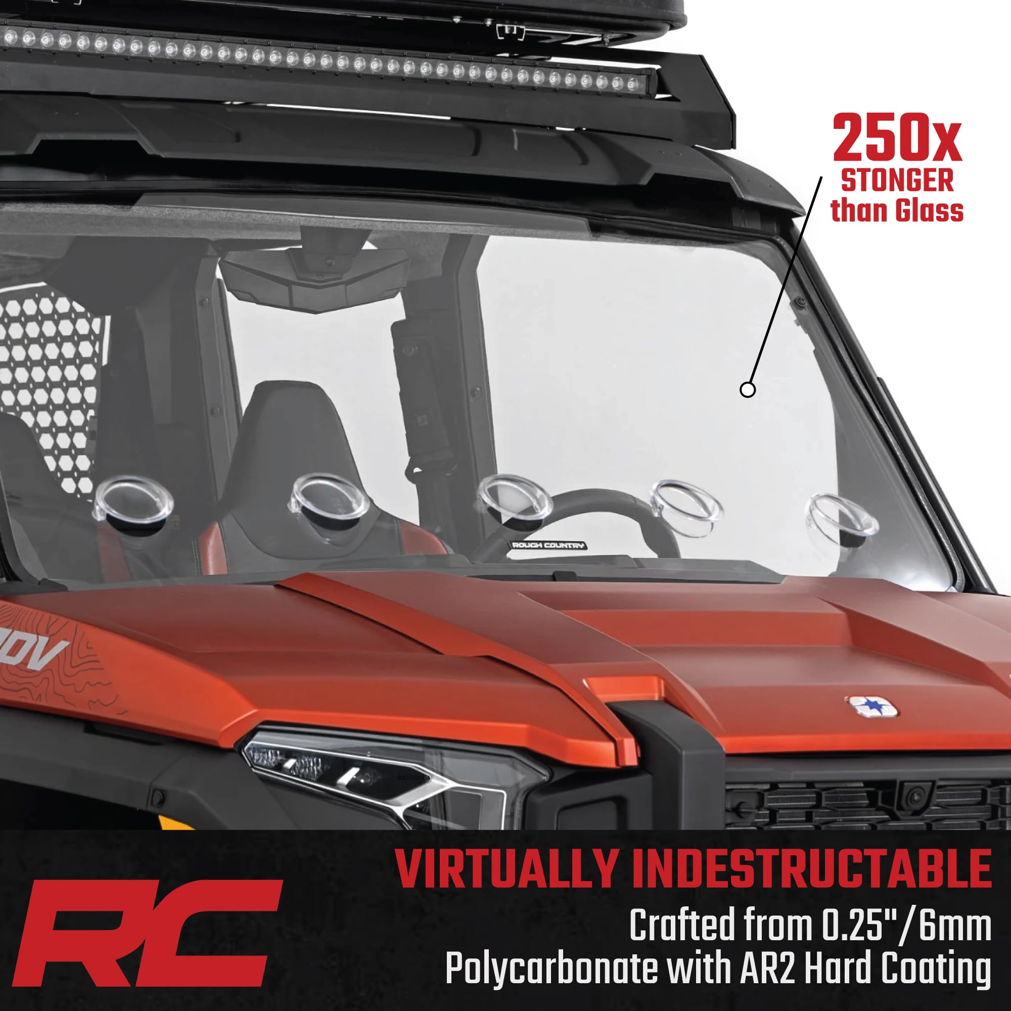 Vented Rough Country Full Windshield for Polaris Xpedition - Scratch Resistant 1/4" Polycarbonate, 250x Stronger than Glass