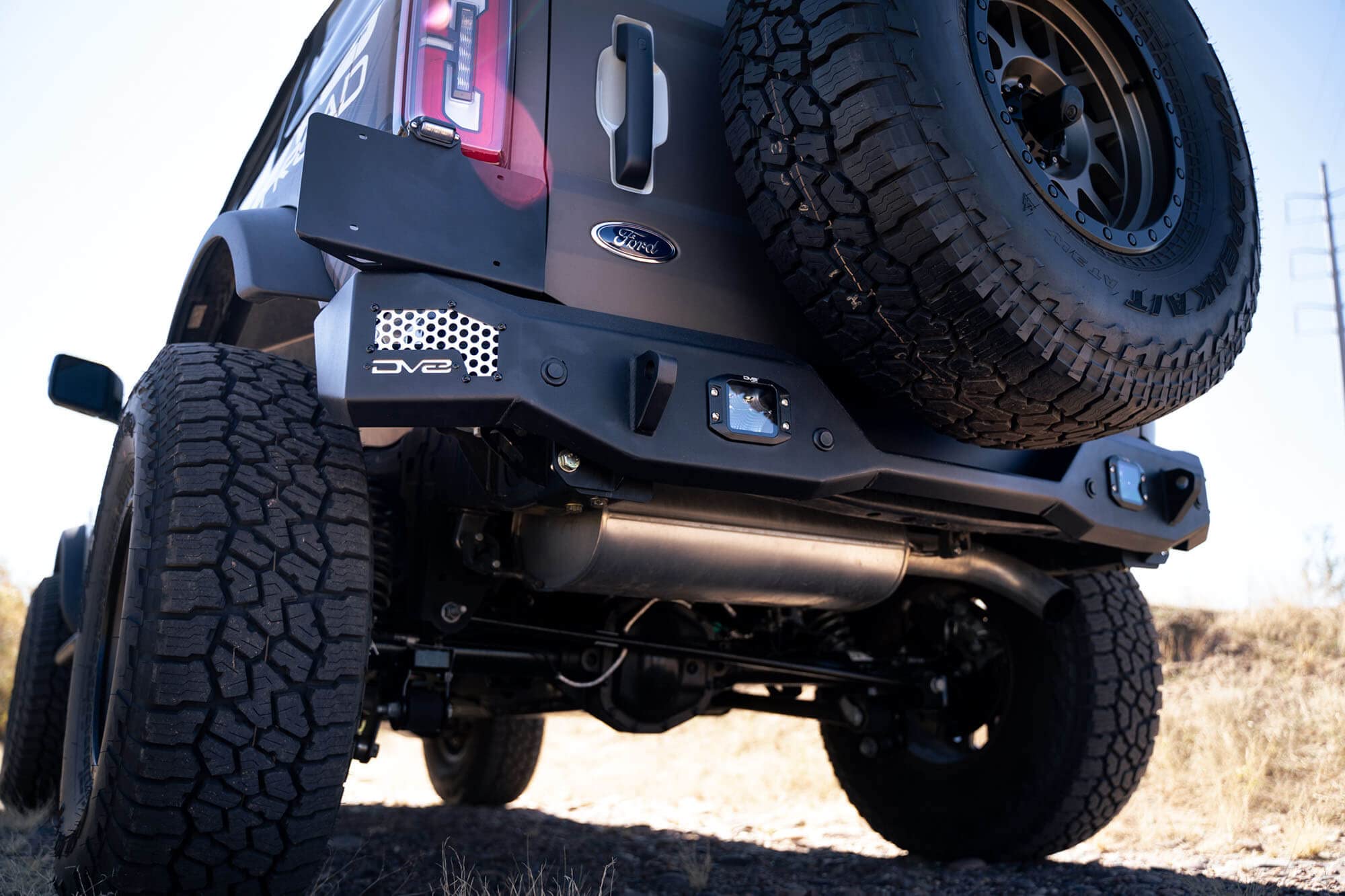 MTO Series DV8 Offroad Rear Bumper for 2021-2025 Ford Bronco | Retains Factory Backup Sensors & Tow Hitch | Accepts 37" Spare Tire on OEM Carrier | Mount (2) 3" Flush Mount Pod Lights