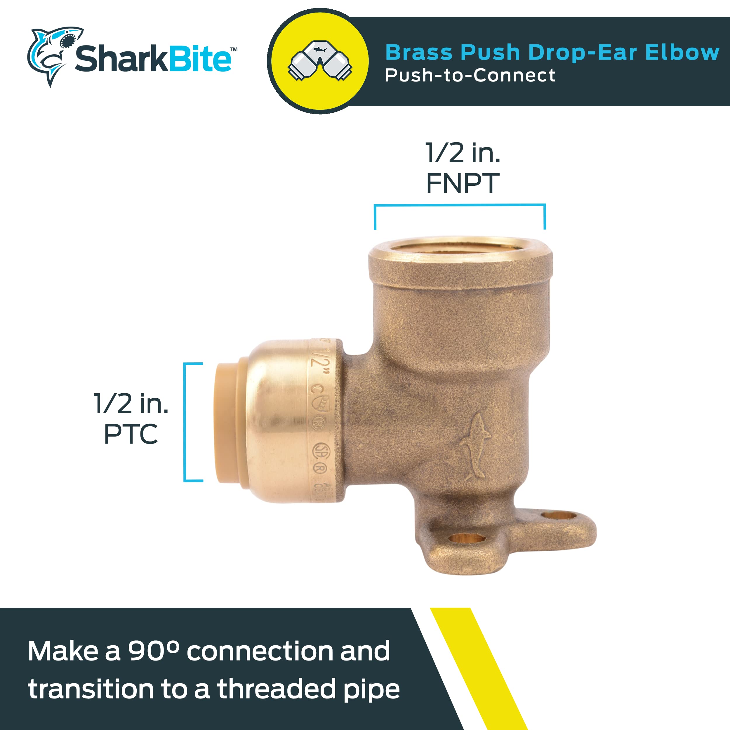 1/2 Inch x 1/2 Inch SharkBite Drop Ear Elbow, FNPT, Push to Connect Brass Plumbing Fitting, PEX Pipe, Copper, CPVC, PE-RT, HDPE, U334LFA