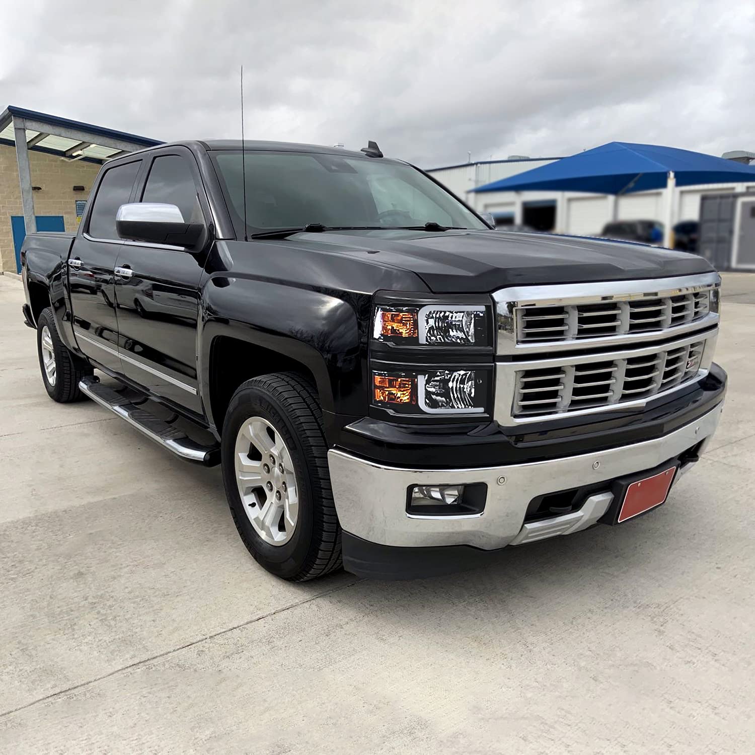 Black Headlights w/LED Light Bar and Black Trim SPEC-D TUNING Compatible with 2014-2015 Chevy Silverado 1500, Left + Right Pair Headlamp Assembly
