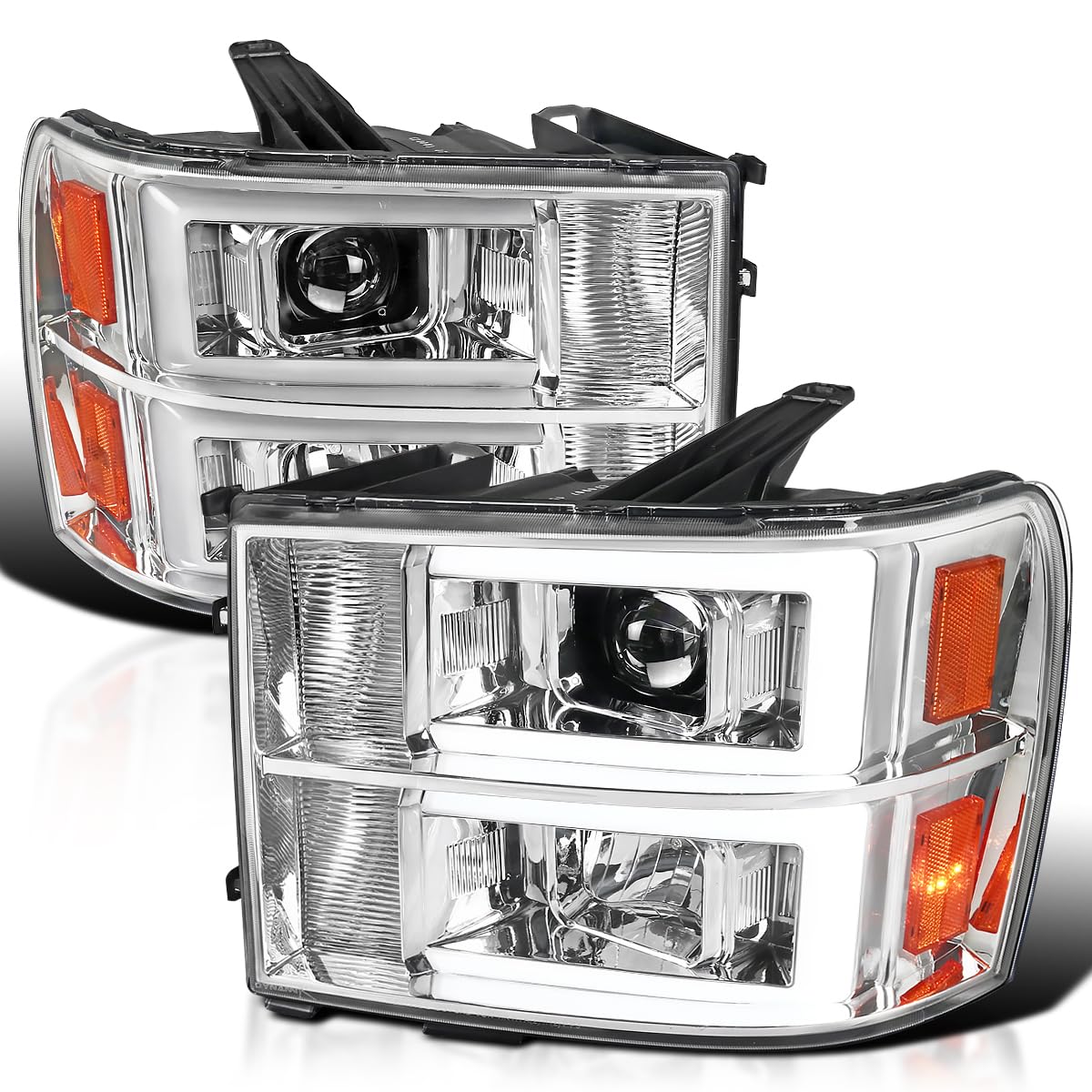 Chrome LED Bar Projector Headlights SPEC-D TUNING Compatible with 2007-2013 GMC Sierra Models 1500 1500HD 2500HD 3500HD, Left + Right Pair Headlamps Assembly