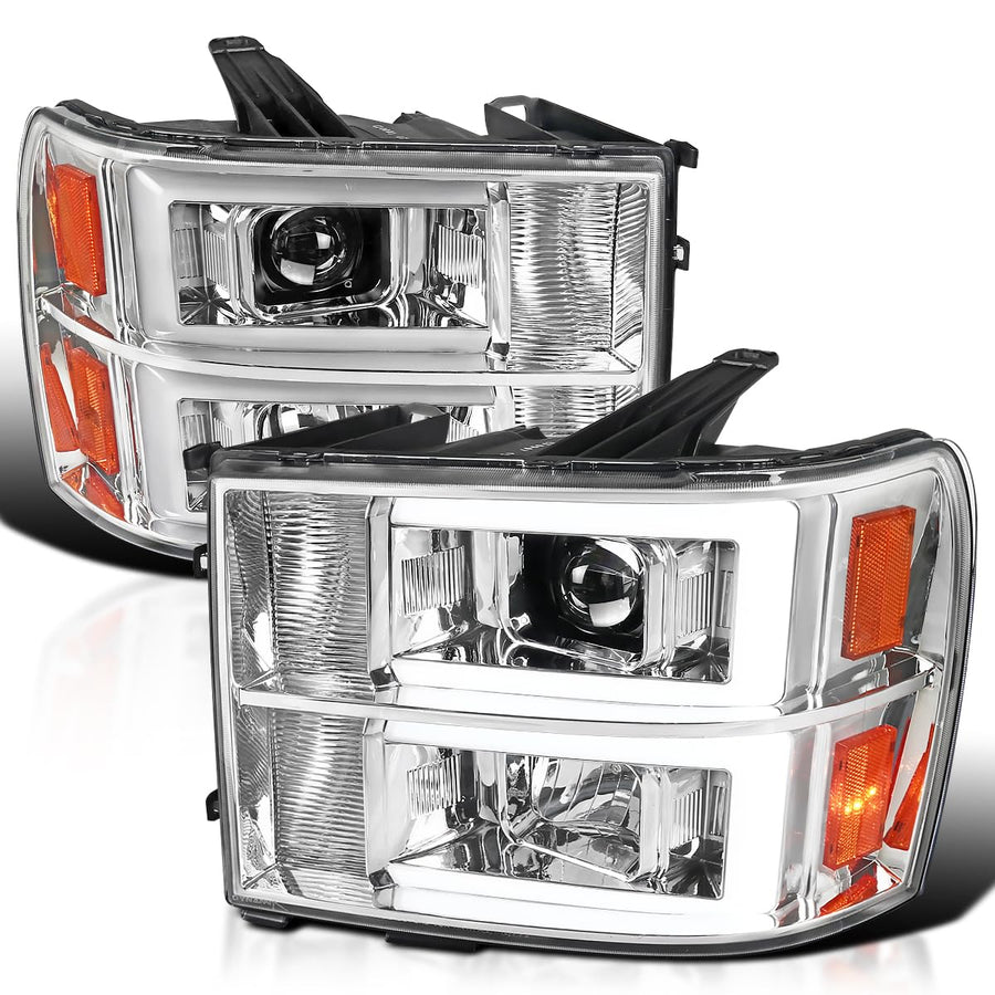 Chrome LED Bar Projector Headlights SPEC-D TUNING Compatible with 2007-2013 GMC Sierra Models 1500 1500HD 2500HD 3500HD, Left + Right Pair Headlamps Assembly