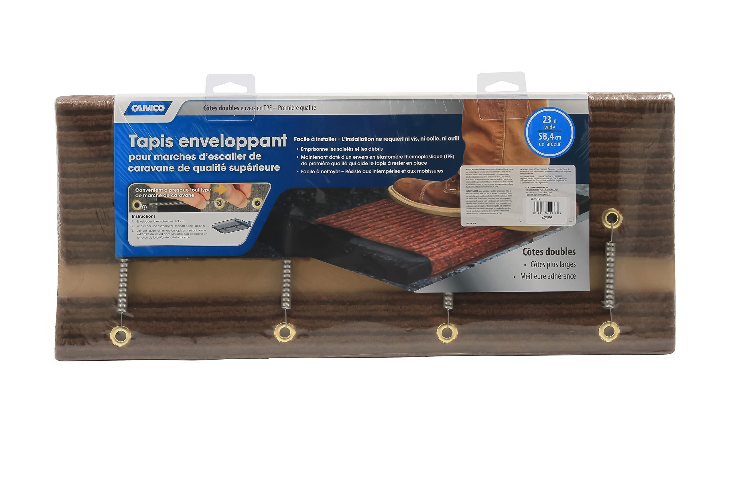 RV Step Rug Camco 42955 (Premium Wrap Around Double Ribbed, 100% Polyester (18" x 23") - Brown)