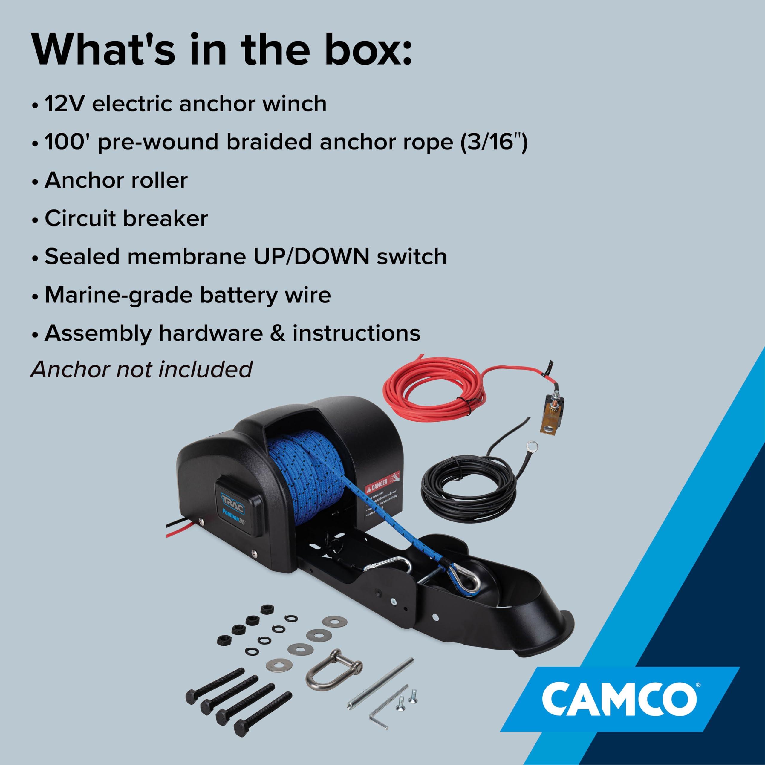 Camco TRAC 35-G3 Outdoors Pontoon Electric Boat Anchor Winch - Easy-to Operate & Features a High-Efficiency, 12-Volt DC, All Steel Gear Motor & 100-feet Pre-Wound Double-Braid Anchor Rope (69003)