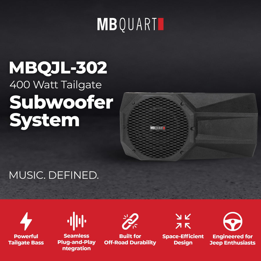 MB Quart 400W MBQJL-302 Jeep Wrangler JL Tailgate Mounted Powered Subwoofer System with Amplifier, Car Audio Bass Kit for Deep Low-End Sound Upgrade