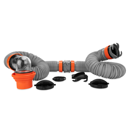 Camco 20-Ft Rhino X Camper/RV Sewer Hose Kit - (2) 10-Ft Heavy Duty RV Septic Hoses - Designed to Hold Shape & Stay in-Place - Includes 4-in-1 RV Adapter & 360° Swivel RV Sewer Hose Fittings (39390)