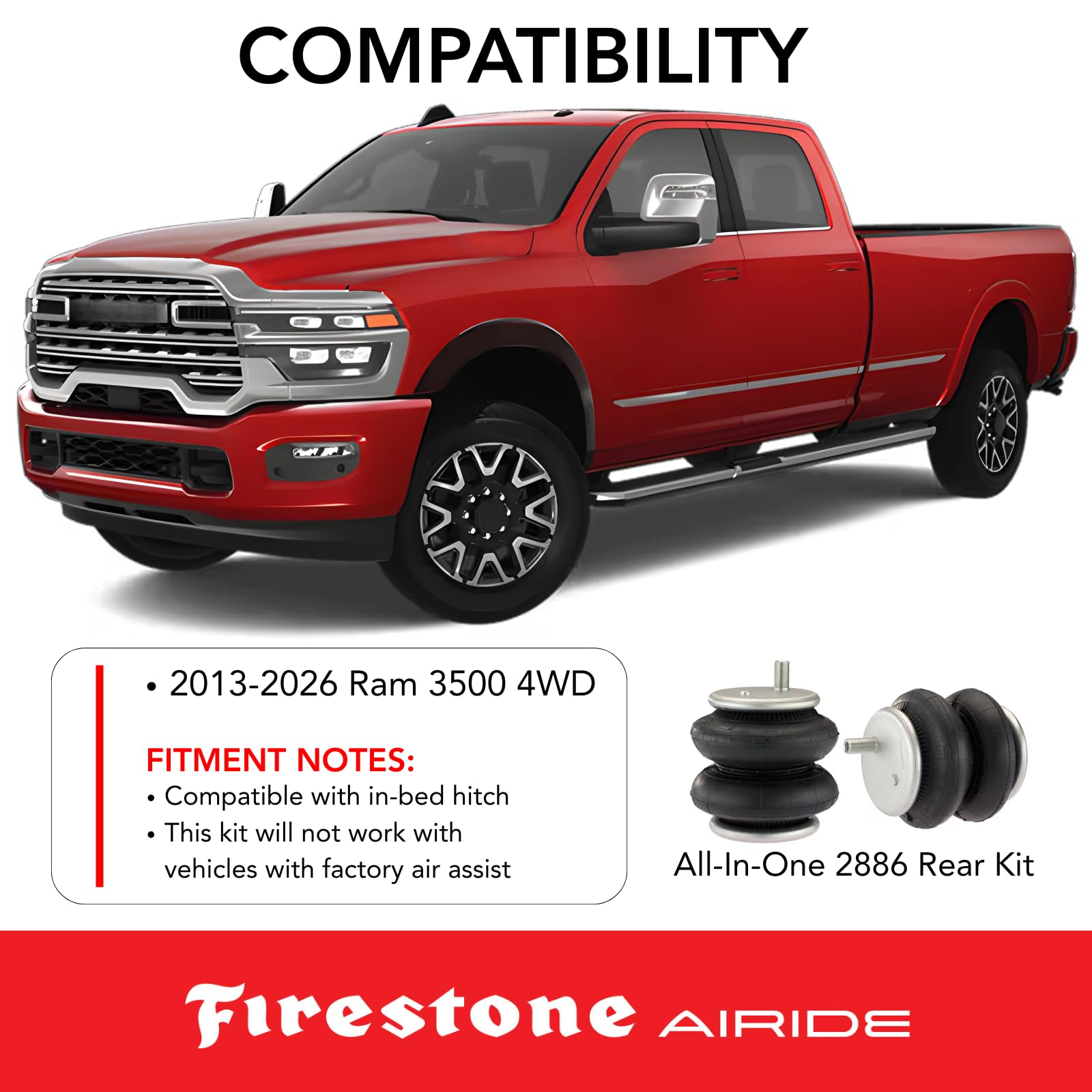 Firestone 2886 Airide All-In-One Wireless Rear Air Spring Kit fits 2013-2026 Ram 3500 4WD without Factory Air Assist | Up to 5,000 lbs Load Capacity | 5-100 PSI | Easy Installation