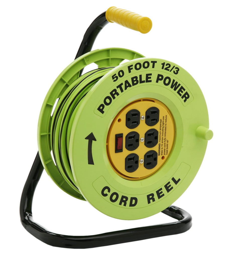 Power Stations Southwire E-235 Cord Reel - 14/3 Gauge with 6 Grounded Outlets - Built-In Circuit Breaker & Lighted Switch - Sturdy Metal Base for Stability - Red & Black Striping - 50 Feet
