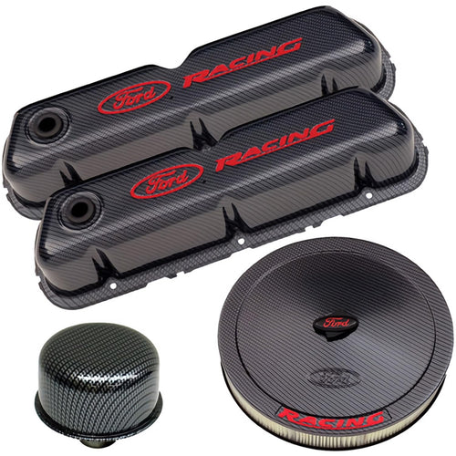 302-520 Ford Engine Dress Up Kit - Air Cleaner/Tall Valve Covers/Breather Racing Logo - Steel - Carbon Fiber Look - Small Block Kit