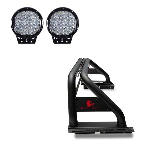 Classic Black Horse Roll Bar Incl.Set of 9 Black Round LED Light Compatible with 2022-2024 Nissan Frontier-RBB22-PL69B