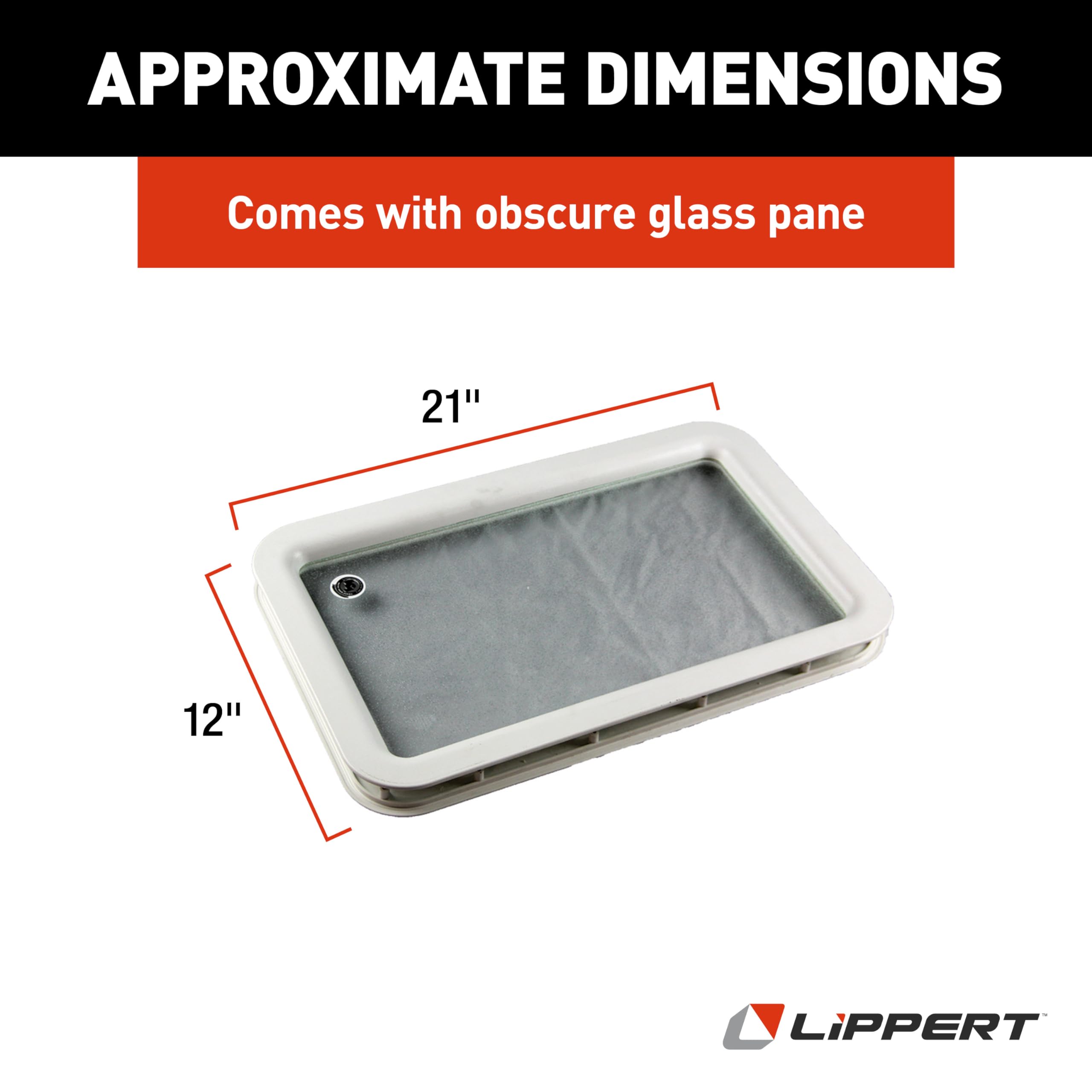 Lippert Components RV Entry Door Replacement Inner & Outer Radius Window Frame, White, with Seal and Glass for 5th Wheel RVs, Travel Trailers and Motorhomes, Obscure Pane, High-Impact Polystyrene - 363369